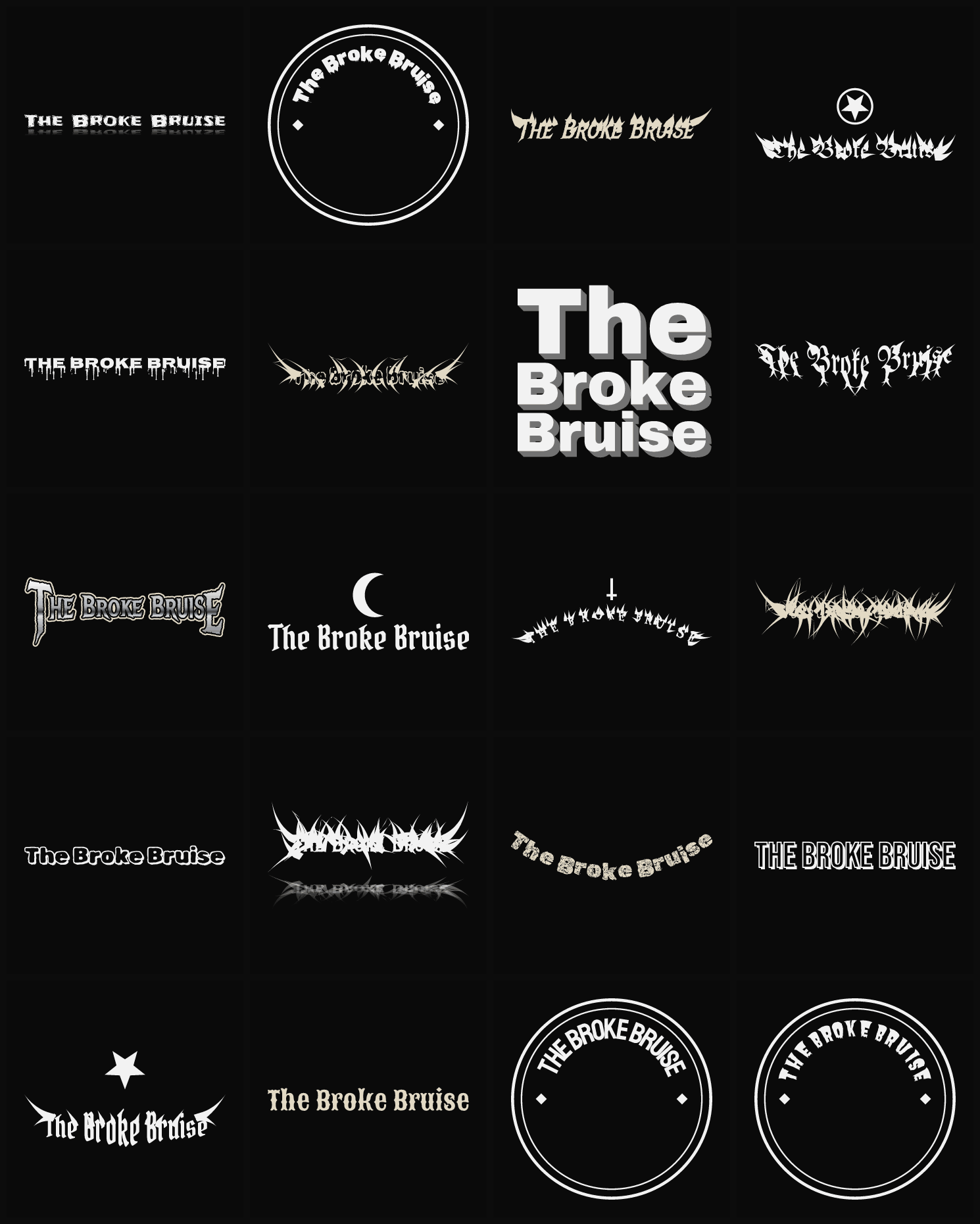 Twenty The Broke Bruise band logo ideas — different faces, treatments and spike settings