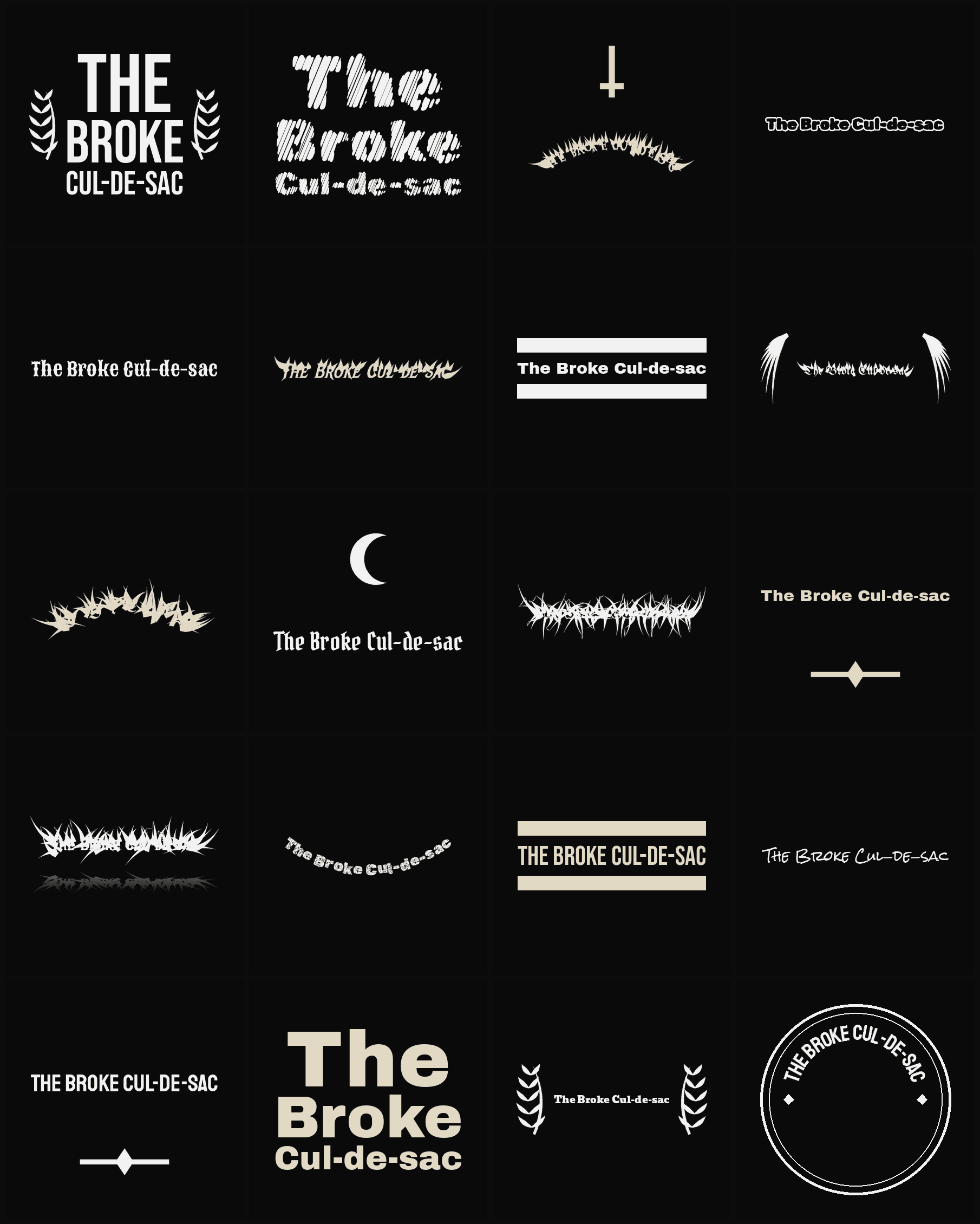 Twenty The Broke Cul-de-sac band logo ideas — different faces, treatments and spike settings