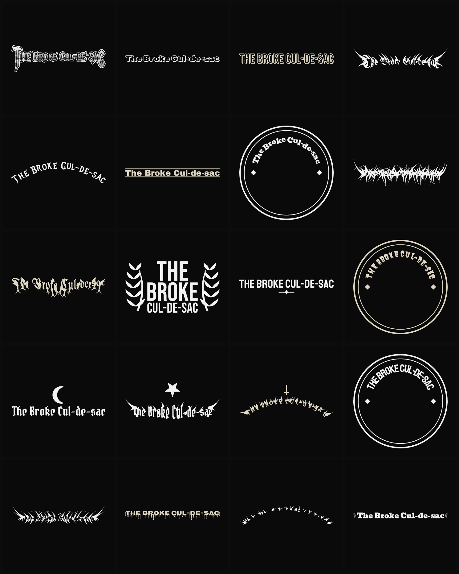 Twenty The Broke Cul-de-sac band logo ideas — different faces, treatments and spike settings
