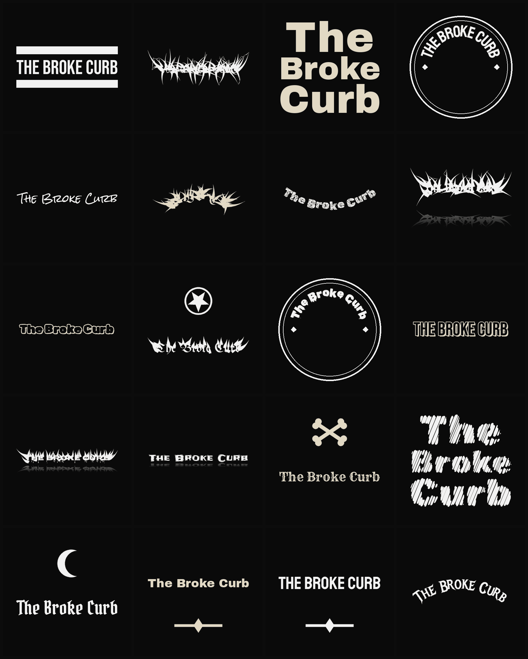 Twenty The Broke Curb band logo ideas — different faces, treatments and spike settings