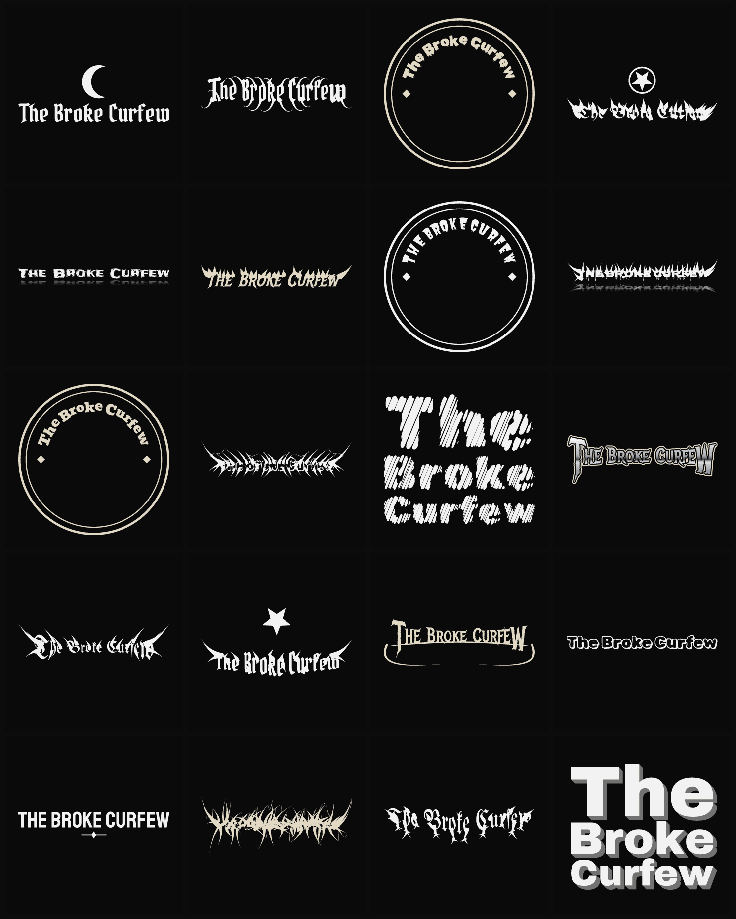 Twenty The Broke Curfew band logo ideas — different faces, treatments and spike settings