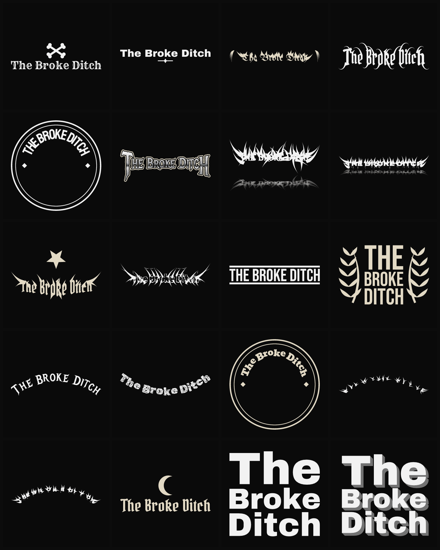 Twenty The Broke Ditch band logo ideas — different faces, treatments and spike settings