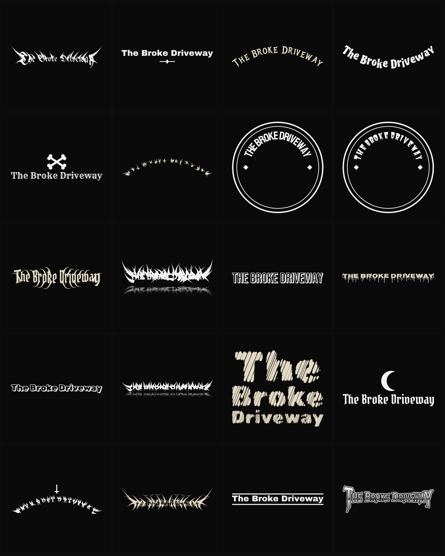 Twenty The Broke Driveway band logo ideas — different faces, treatments and spike settings