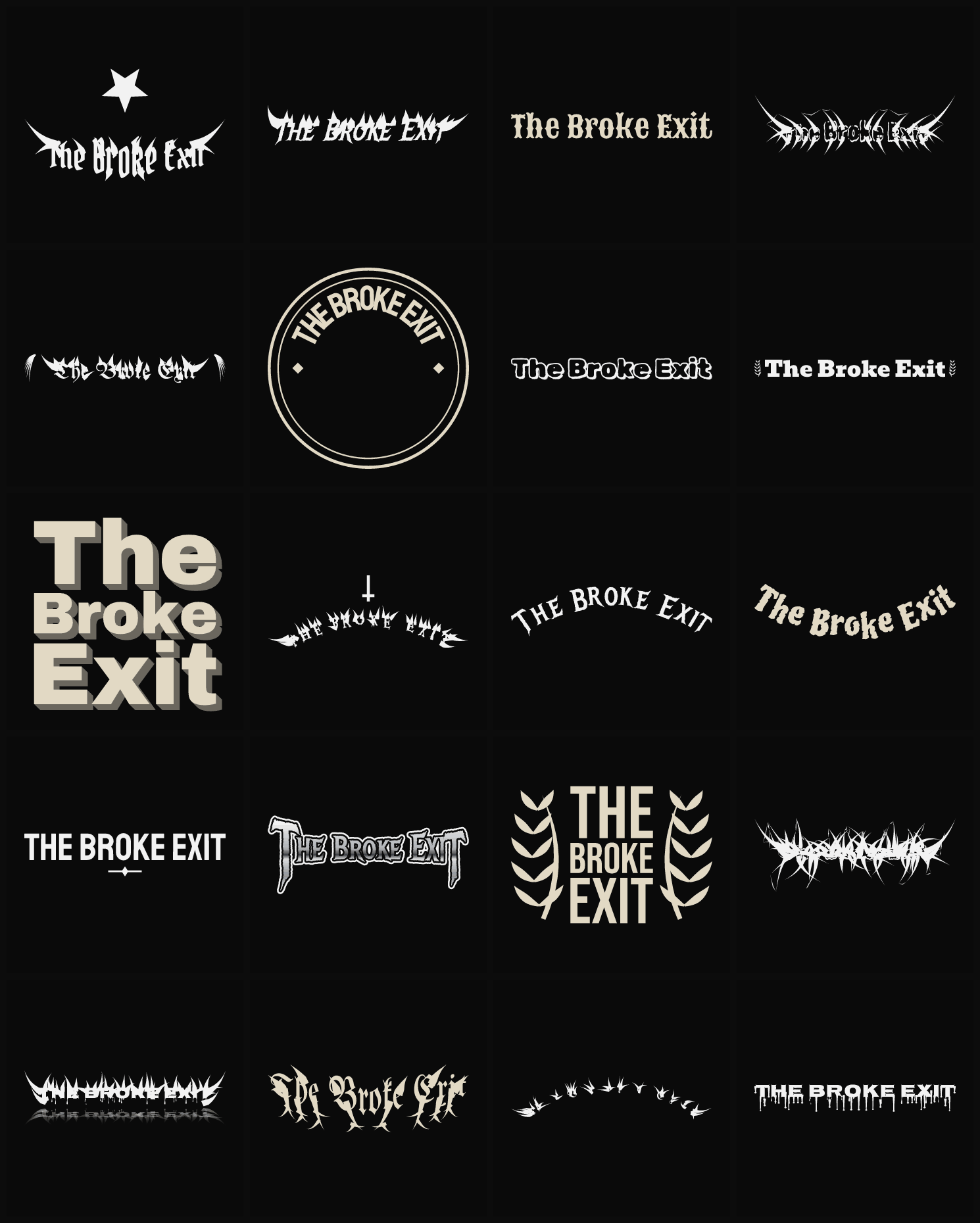 Twenty The Broke Exit band logo ideas — different faces, treatments and spike settings