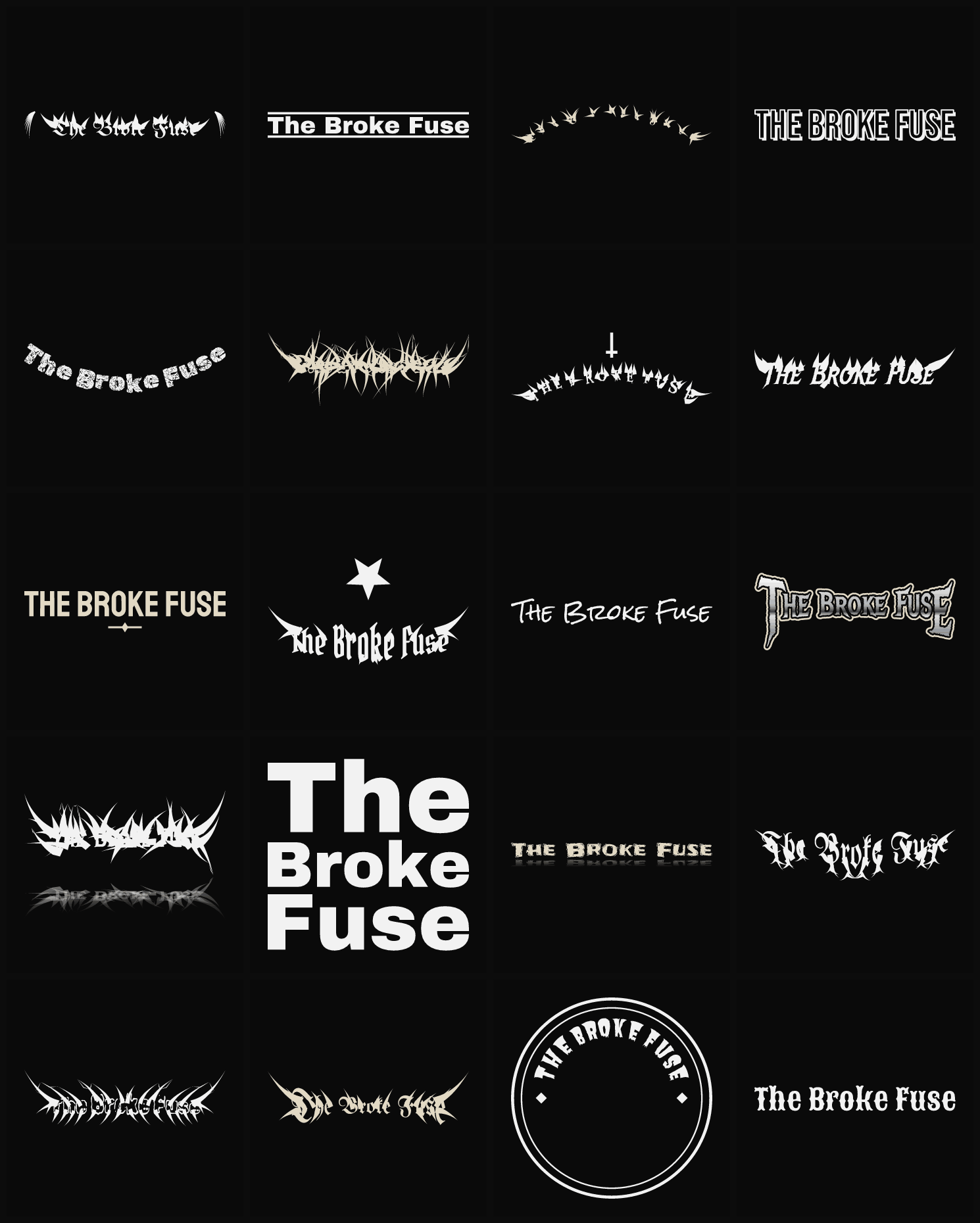 Twenty The Broke Fuse band logo ideas — different faces, treatments and spike settings