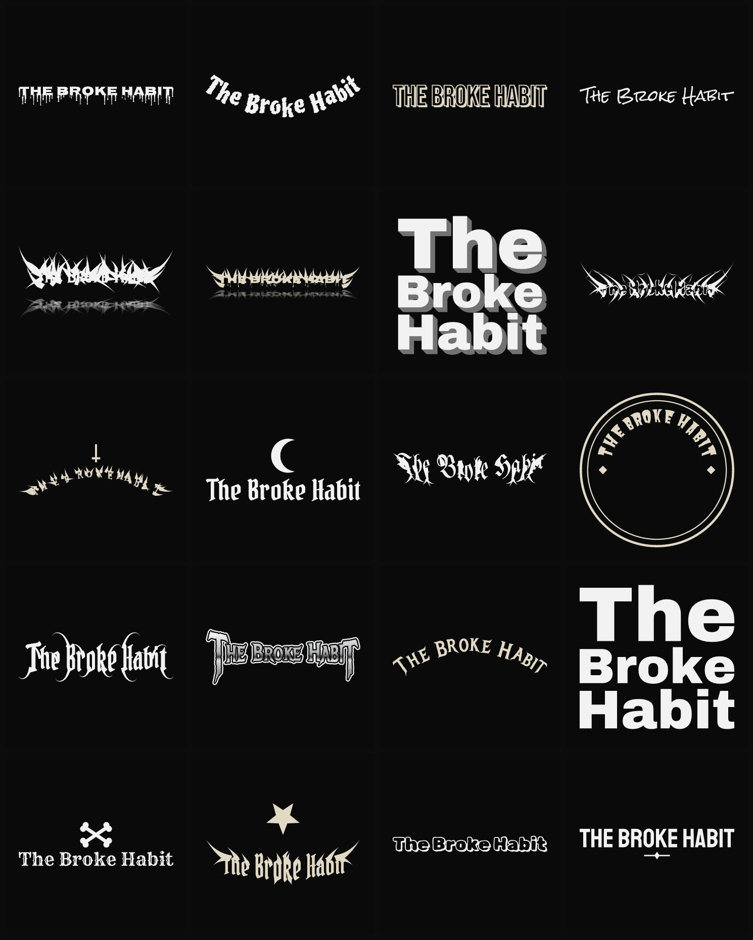 Twenty The Broke Habit band logo ideas — different faces, treatments and spike settings
