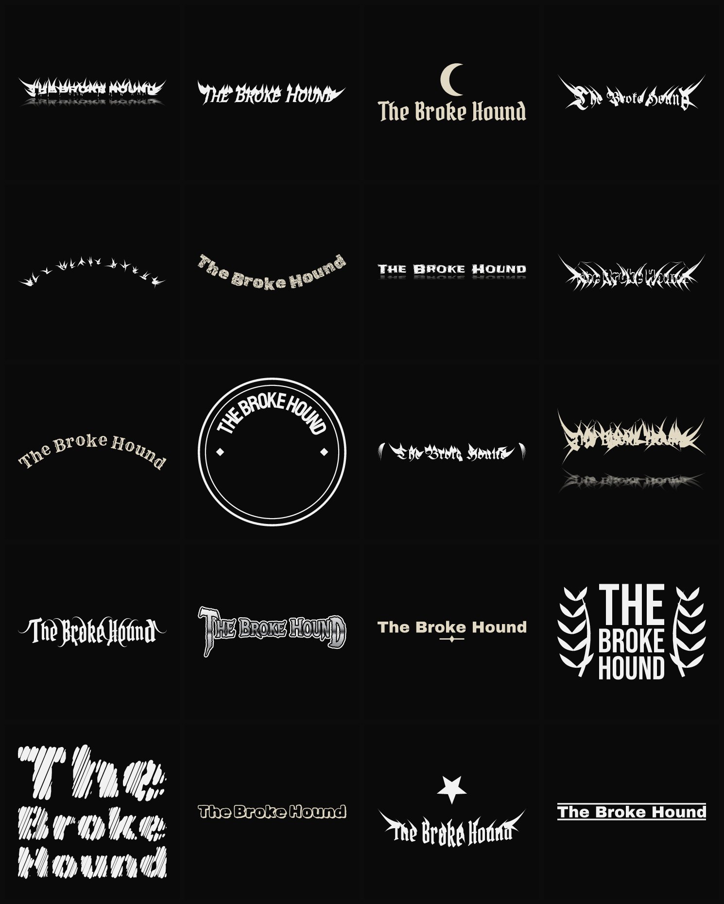 Twenty The Broke Hound band logo ideas — different faces, treatments and spike settings