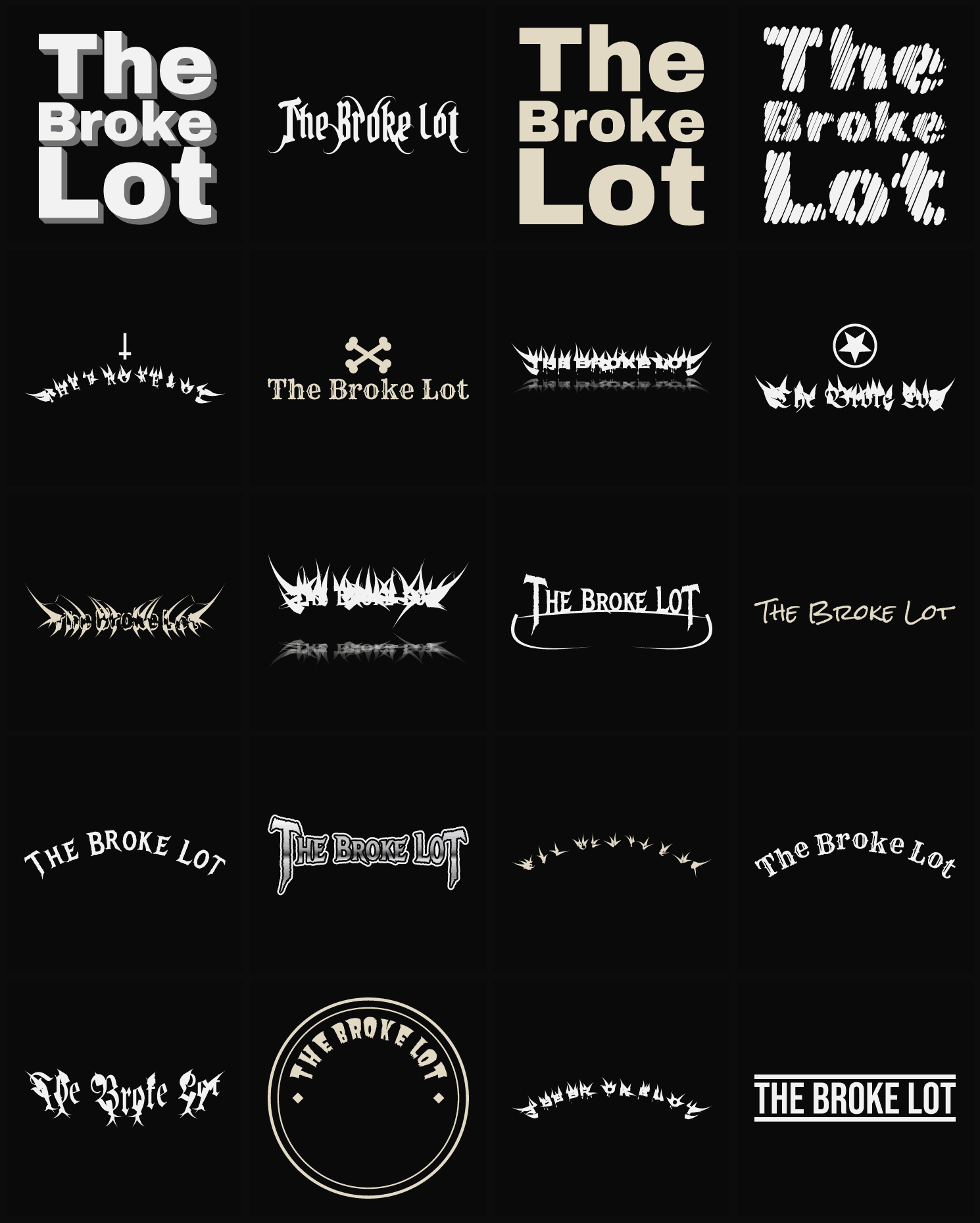 Twenty The Broke Lot band logo ideas — different faces, treatments and spike settings