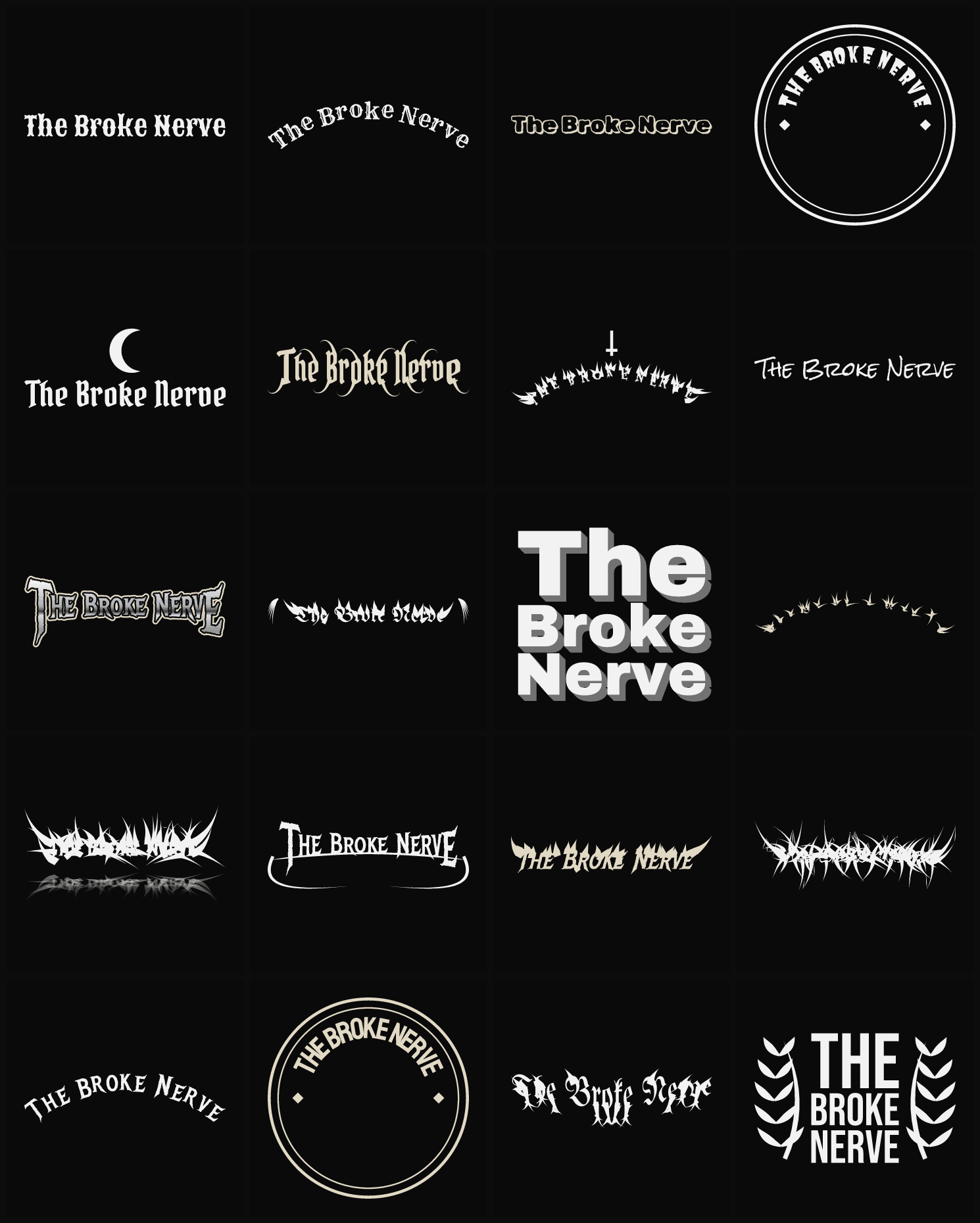 Twenty The Broke Nerve band logo ideas — different faces, treatments and spike settings
