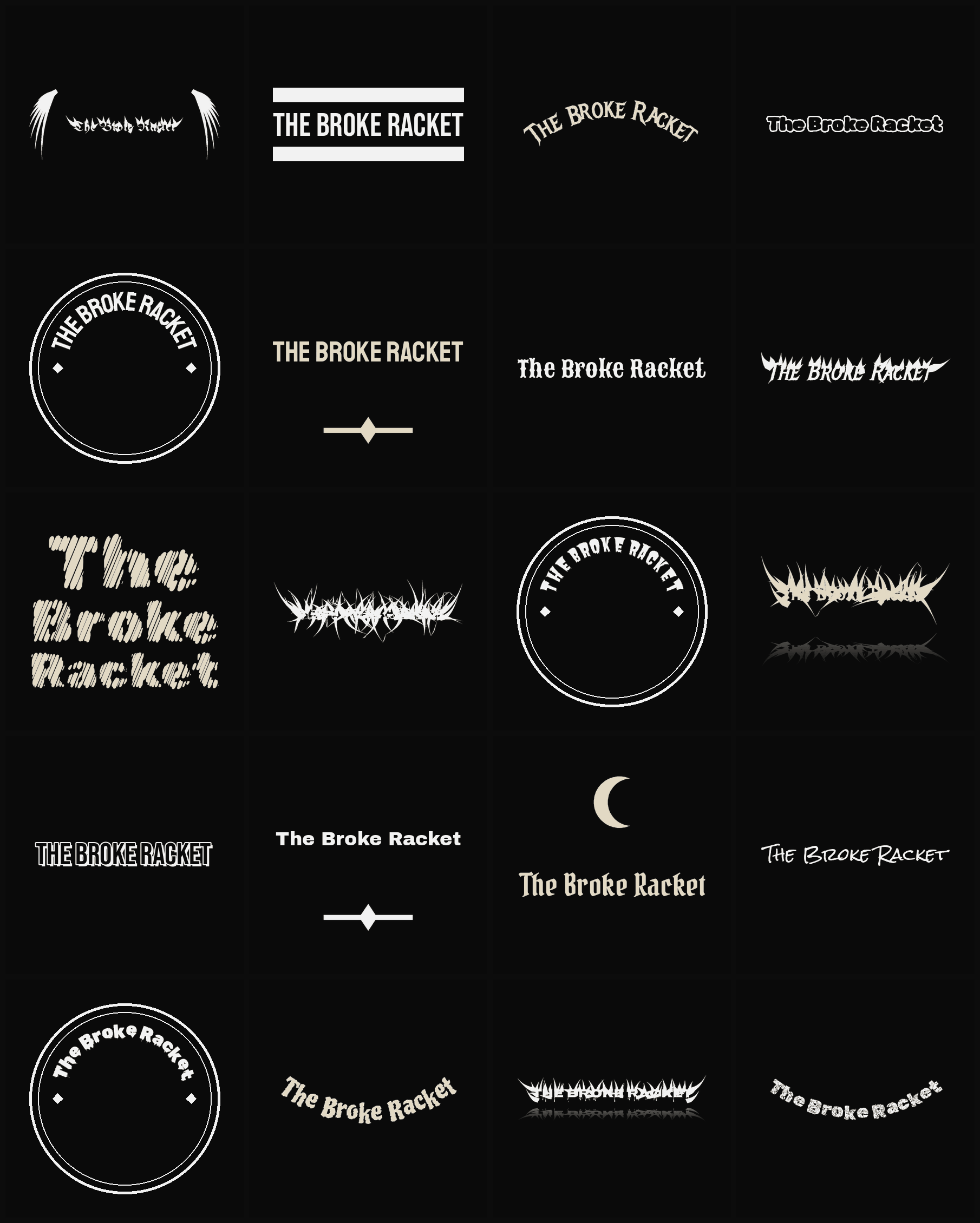 Twenty The Broke Racket band logo ideas — different faces, treatments and spike settings