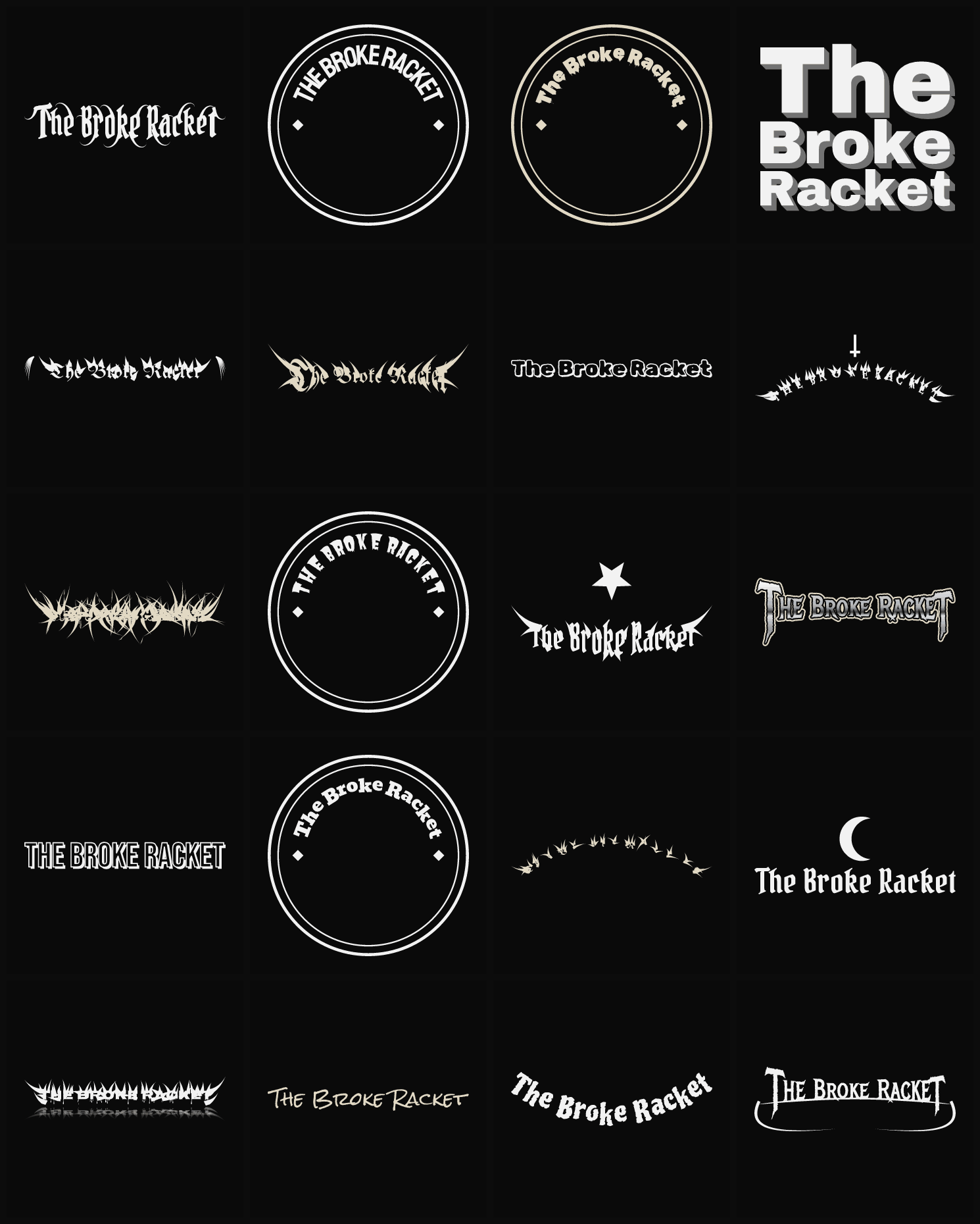 Twenty The Broke Racket band logo ideas — different faces, treatments and spike settings