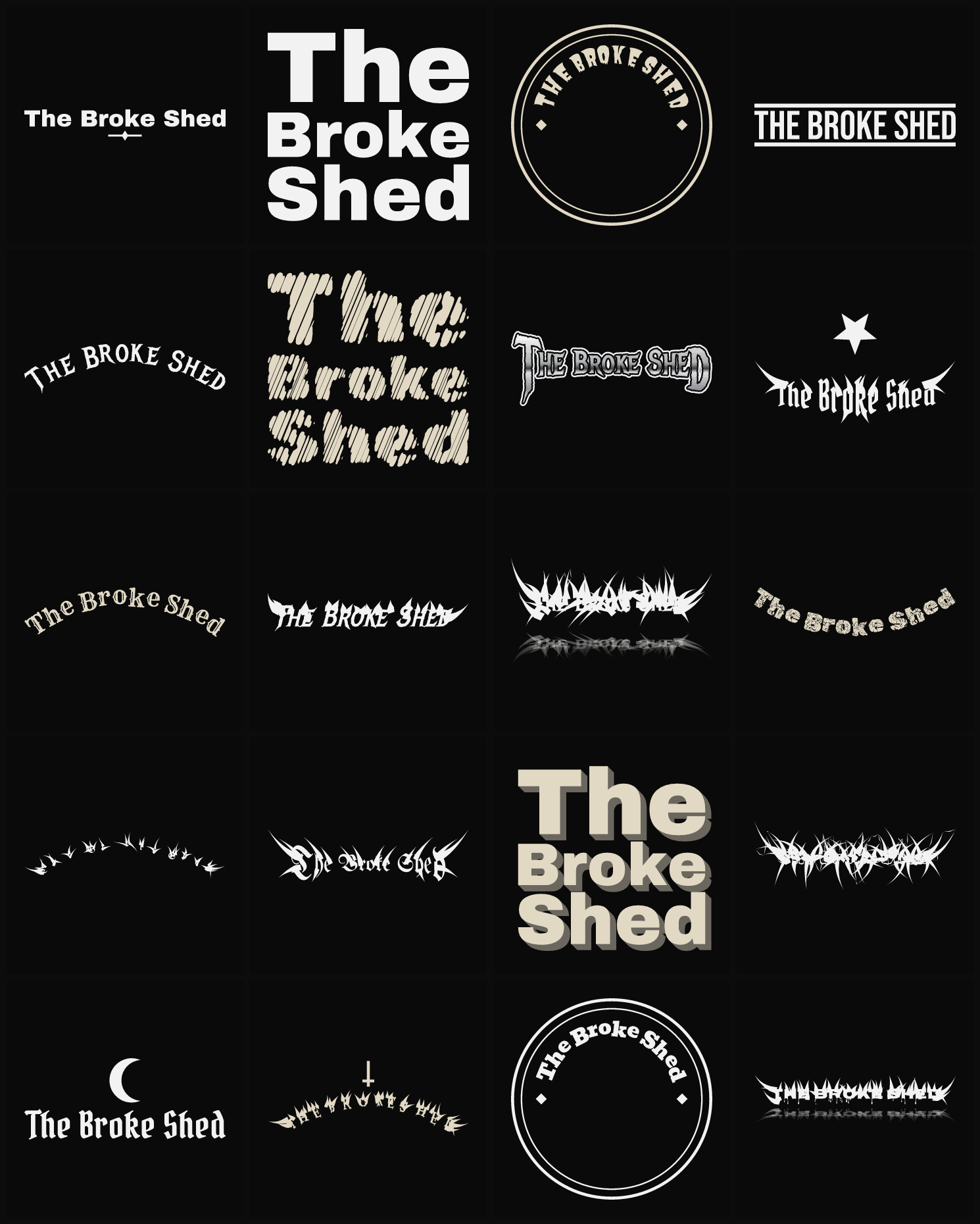 Twenty The Broke Shed band logo ideas — different faces, treatments and spike settings