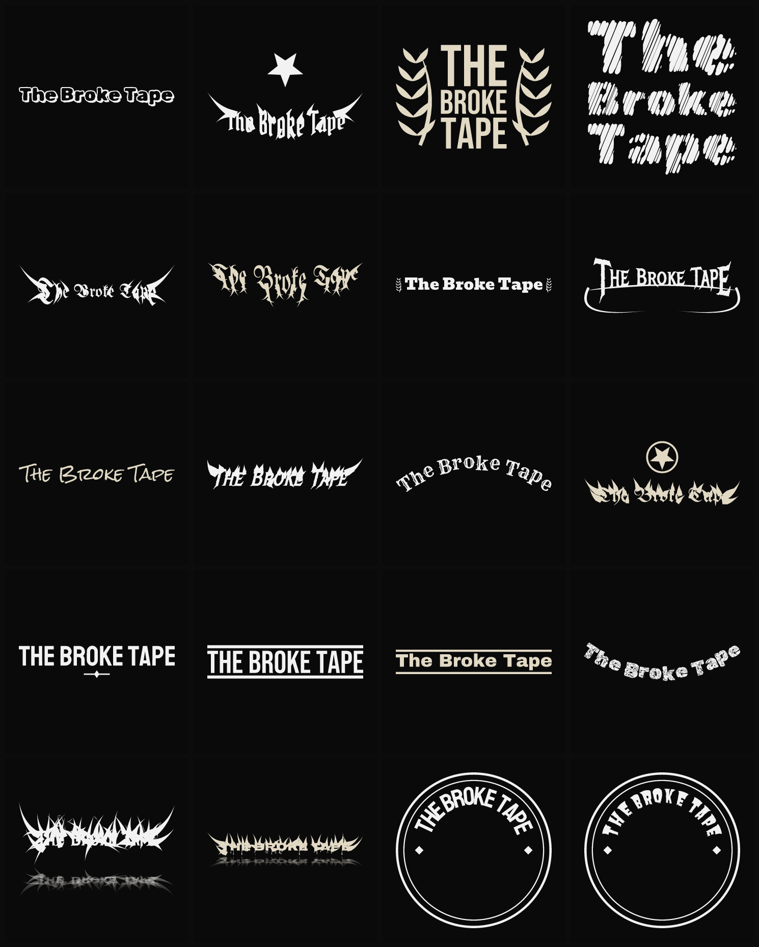 Twenty The Broke Tape band logo ideas — different faces, treatments and spike settings