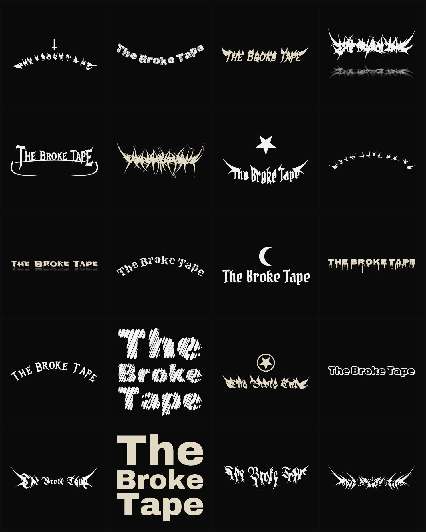 Twenty The Broke Tape band logo ideas — different faces, treatments and spike settings