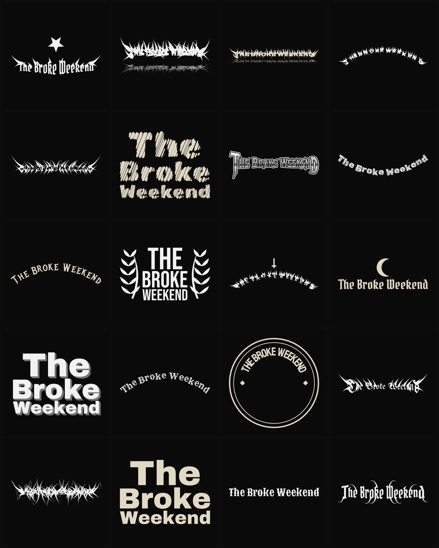 Twenty The Broke Weekend band logo ideas — different faces, treatments and spike settings