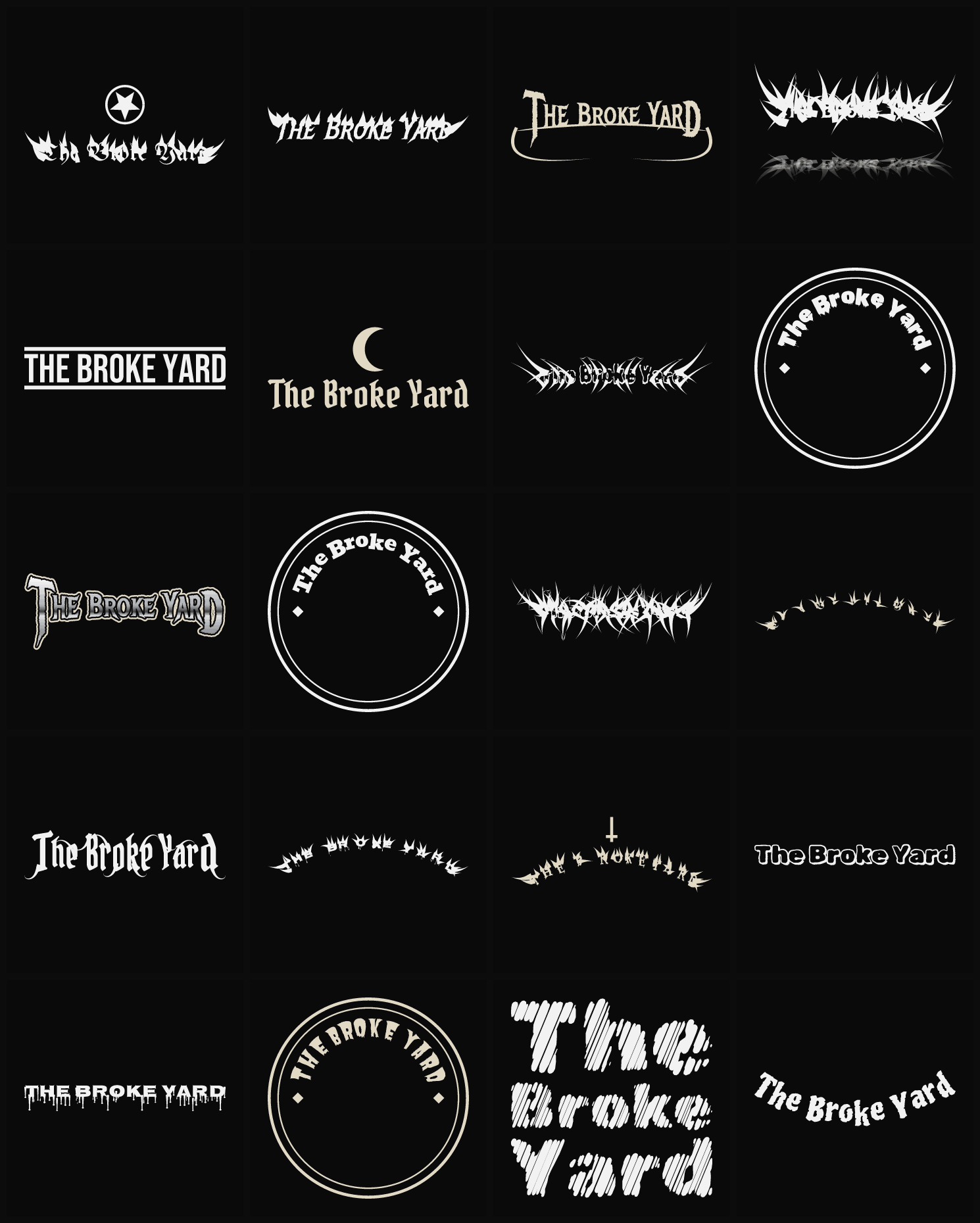 Twenty The Broke Yard band logo ideas — different faces, treatments and spike settings
