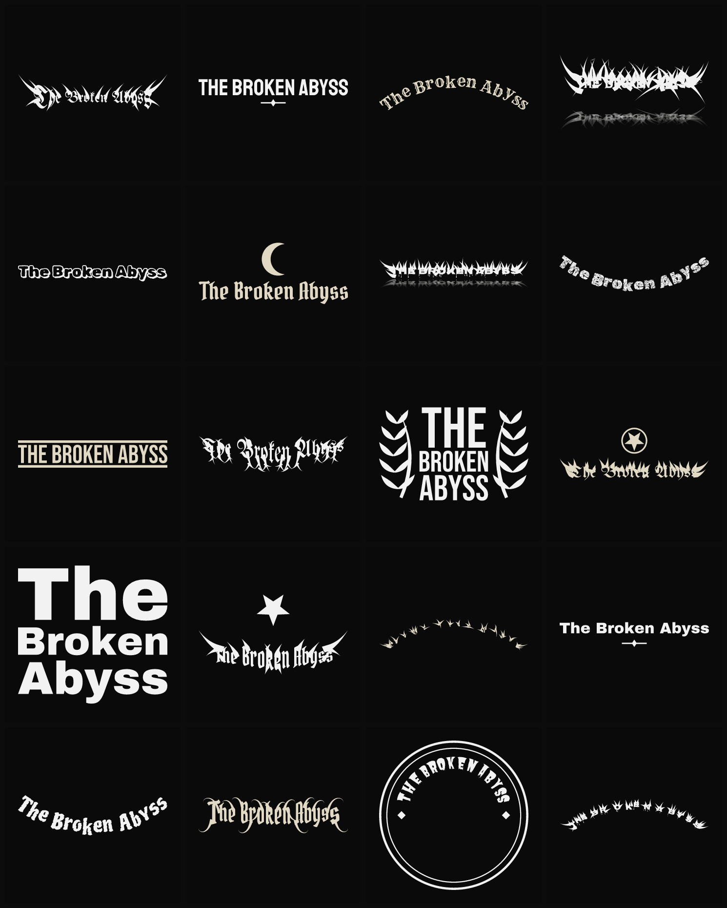 Twenty The Broken Abyss band logo ideas — different faces, treatments and spike settings