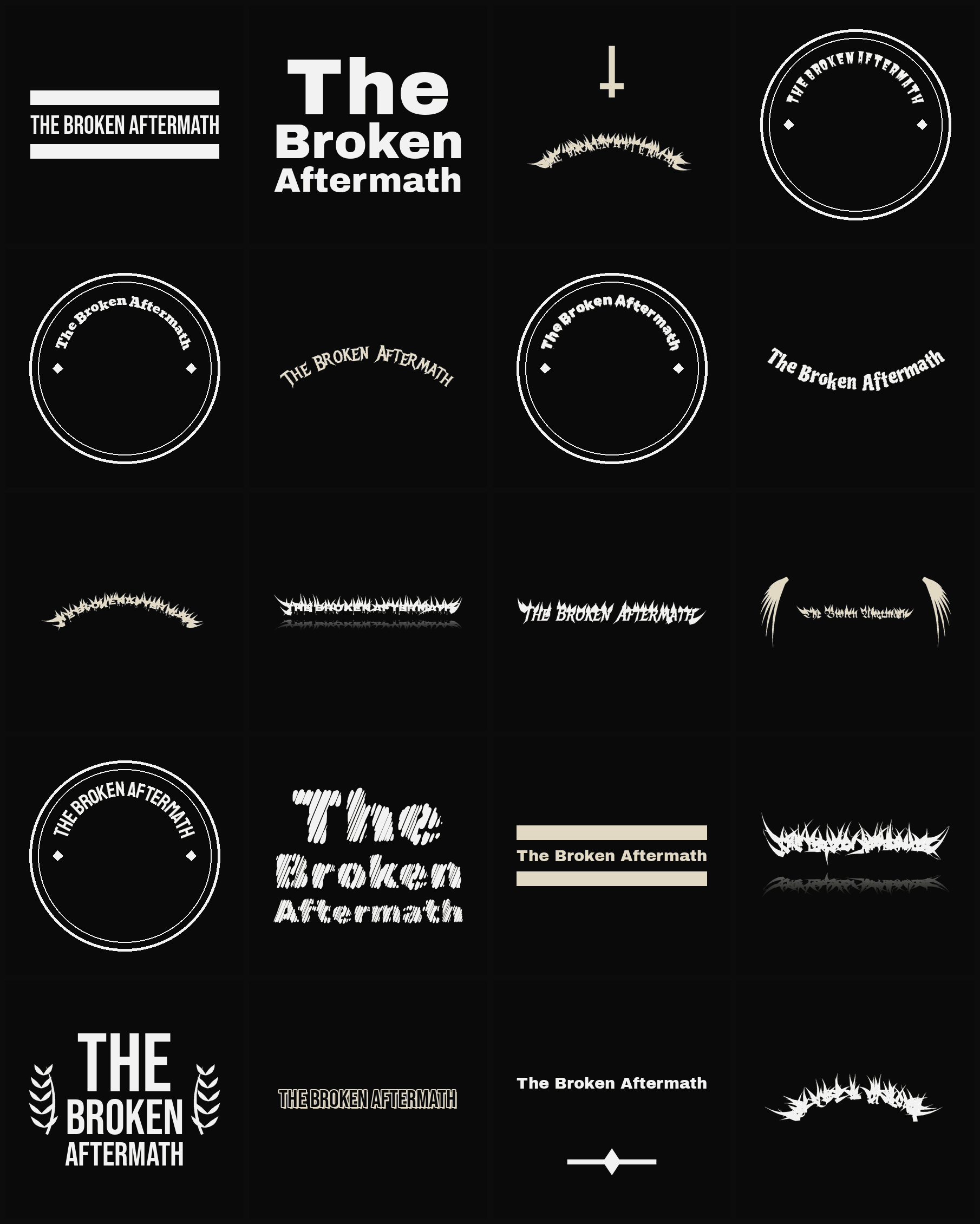 Twenty The Broken Aftermath band logo ideas — different faces, treatments and spike settings