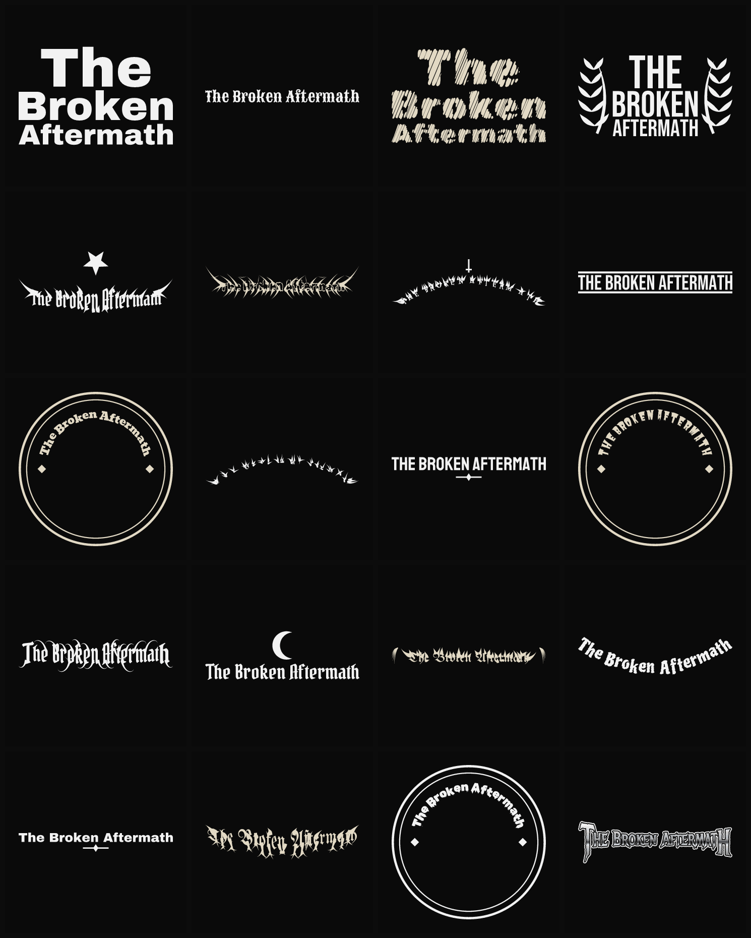 Twenty The Broken Aftermath band logo ideas — different faces, treatments and spike settings