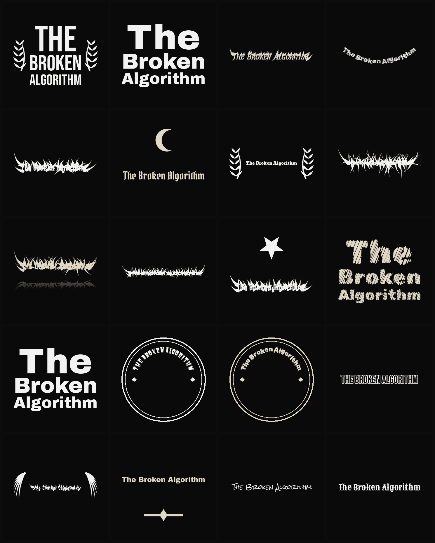 Twenty The Broken Algorithm band logo ideas — different faces, treatments and spike settings