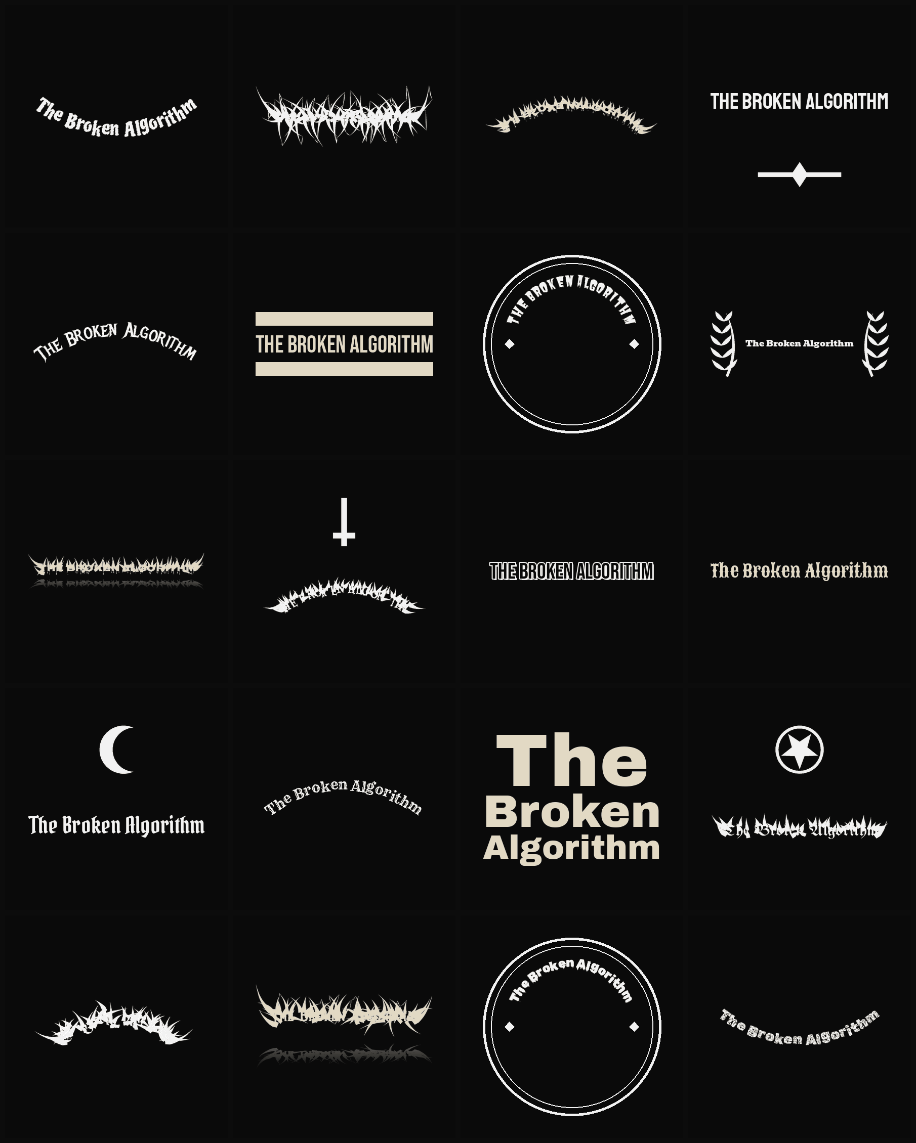 Twenty The Broken Algorithm band logo ideas — different faces, treatments and spike settings