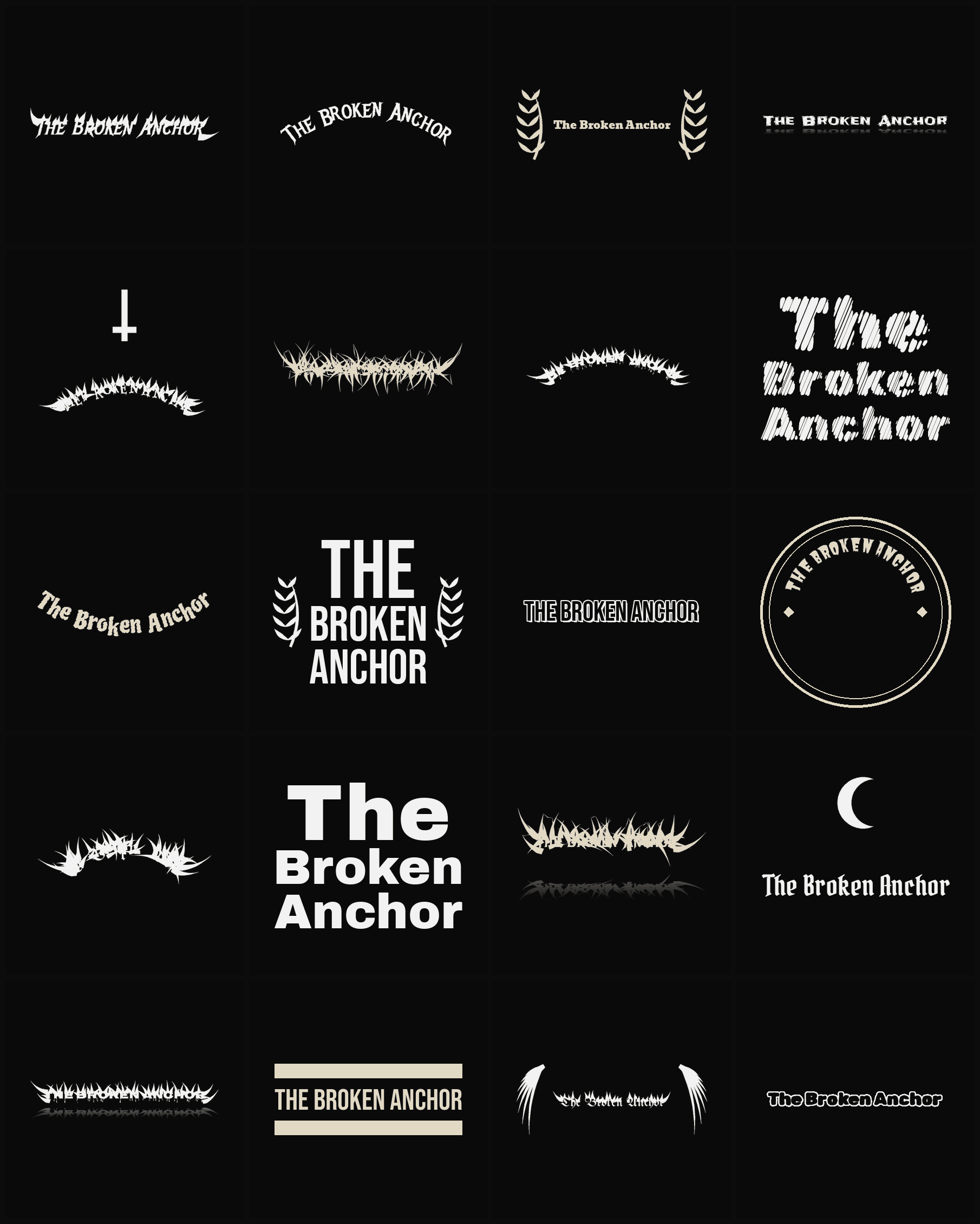 Twenty The Broken Anchor band logo ideas — different faces, treatments and spike settings