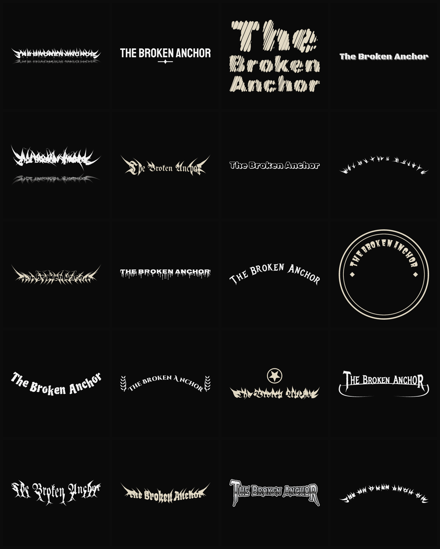 Twenty The Broken Anchor band logo ideas — different faces, treatments and spike settings
