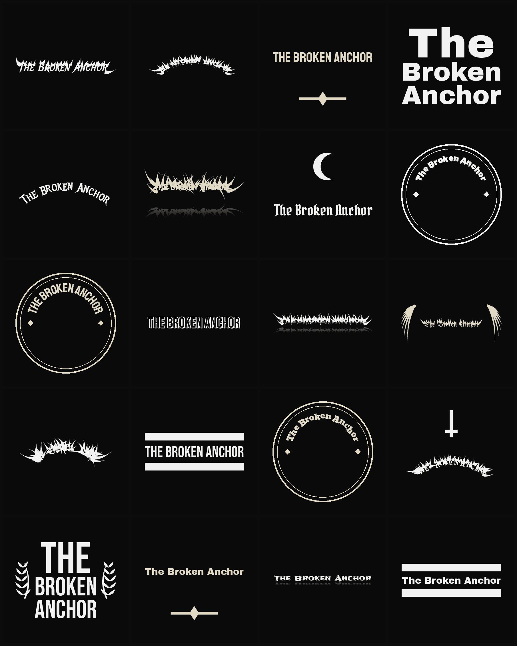Twenty The Broken Anchor band logo ideas — different faces, treatments and spike settings