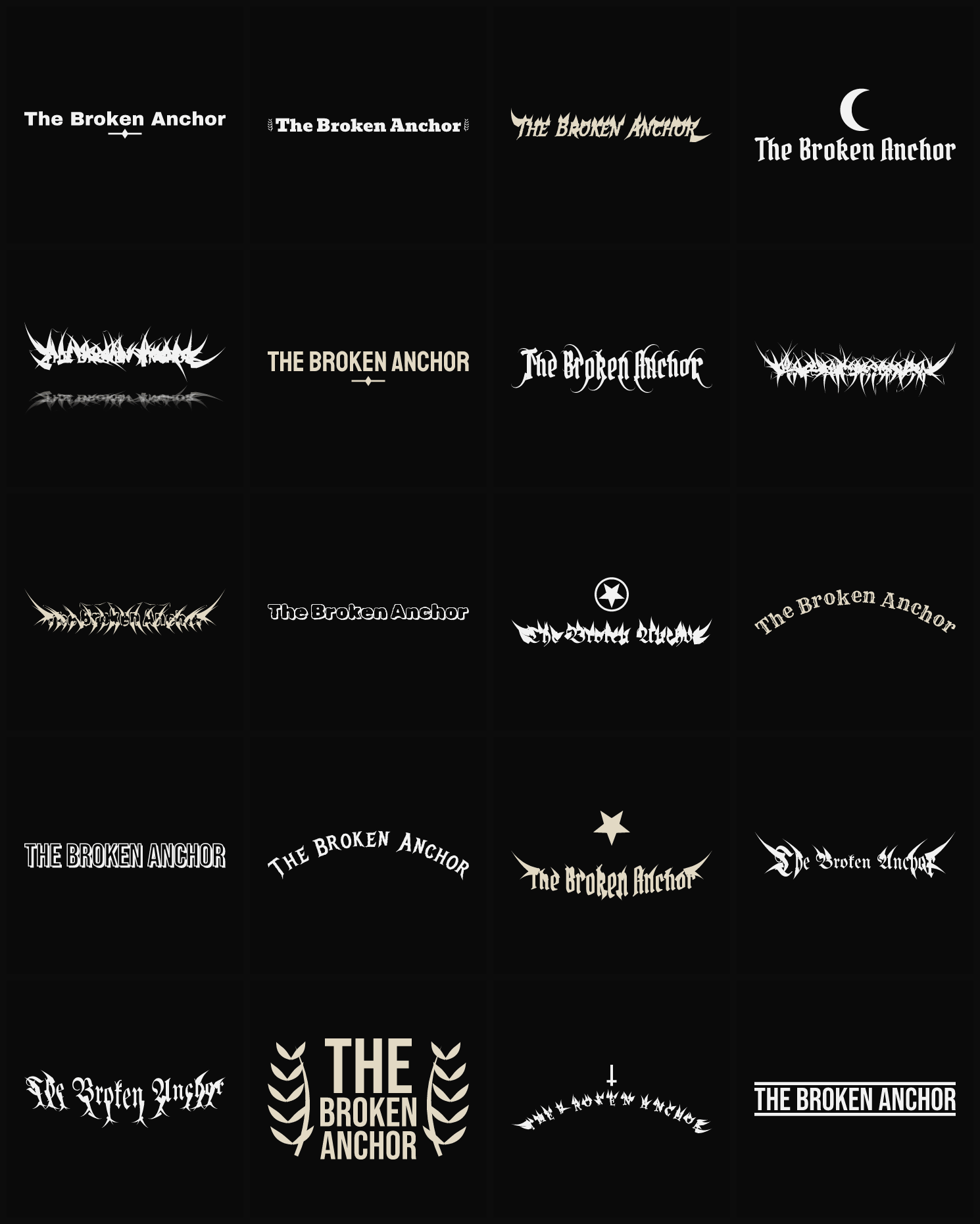 Twenty The Broken Anchor band logo ideas — different faces, treatments and spike settings