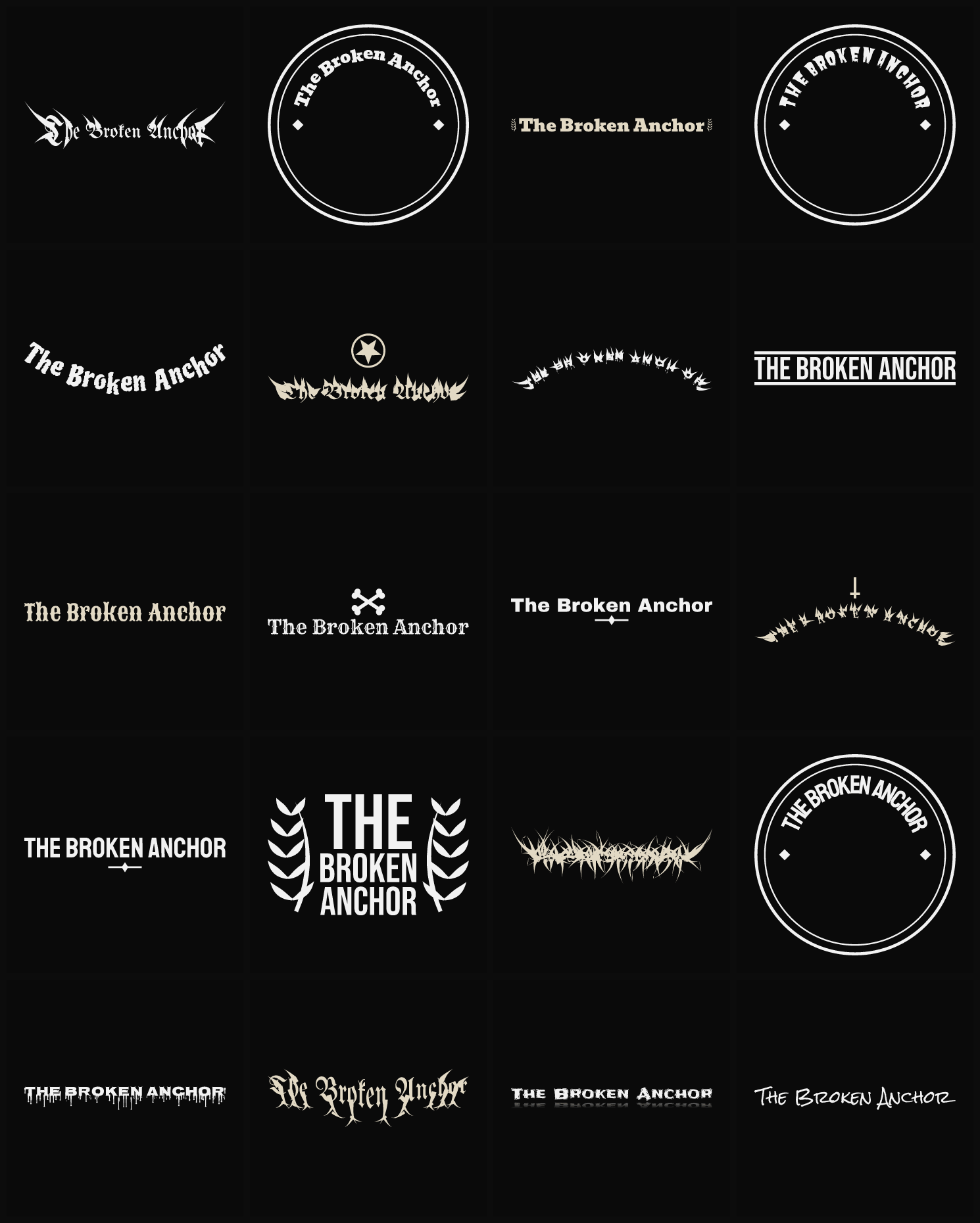 Twenty The Broken Anchor band logo ideas — different faces, treatments and spike settings