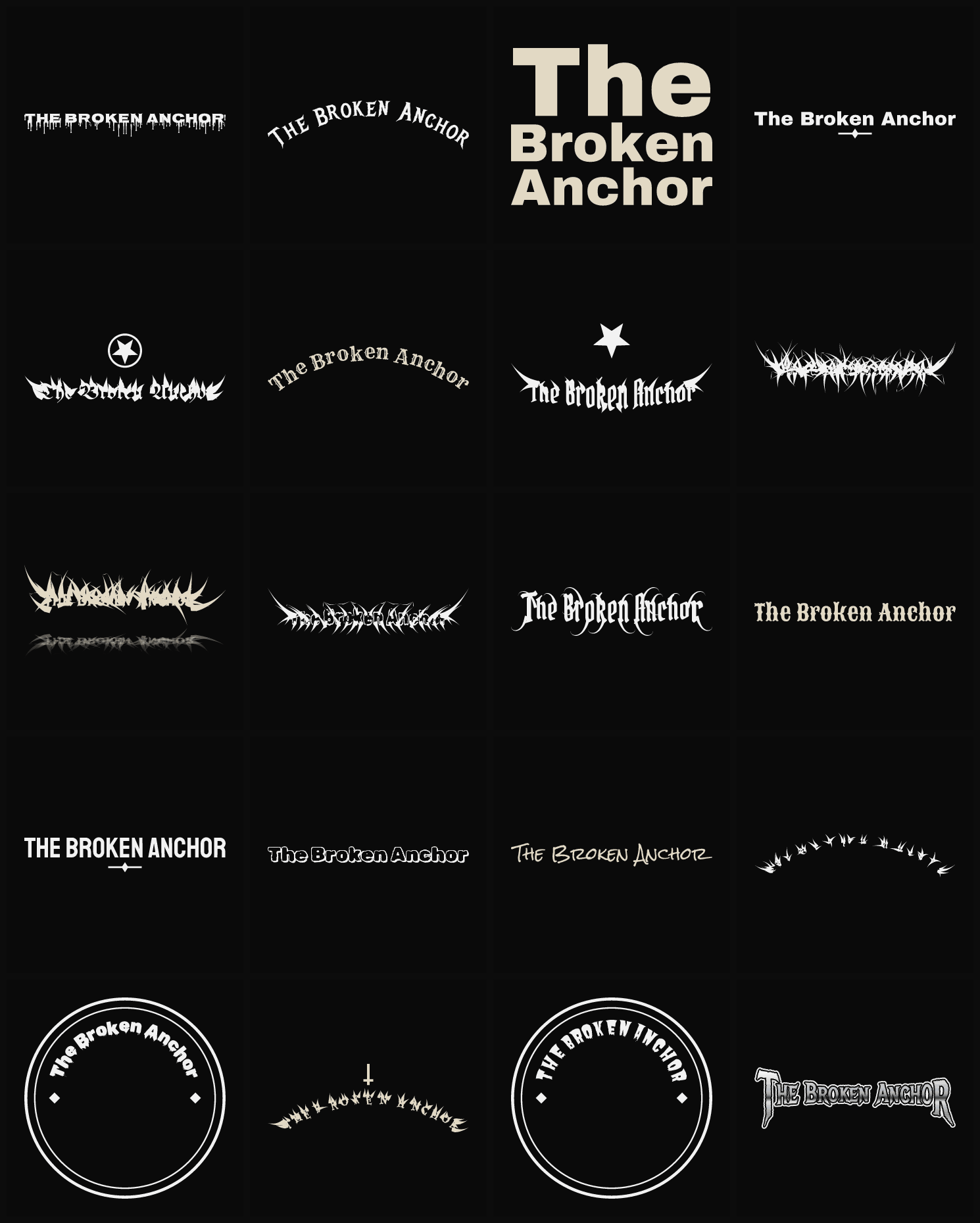 Twenty The Broken Anchor band logo ideas — different faces, treatments and spike settings