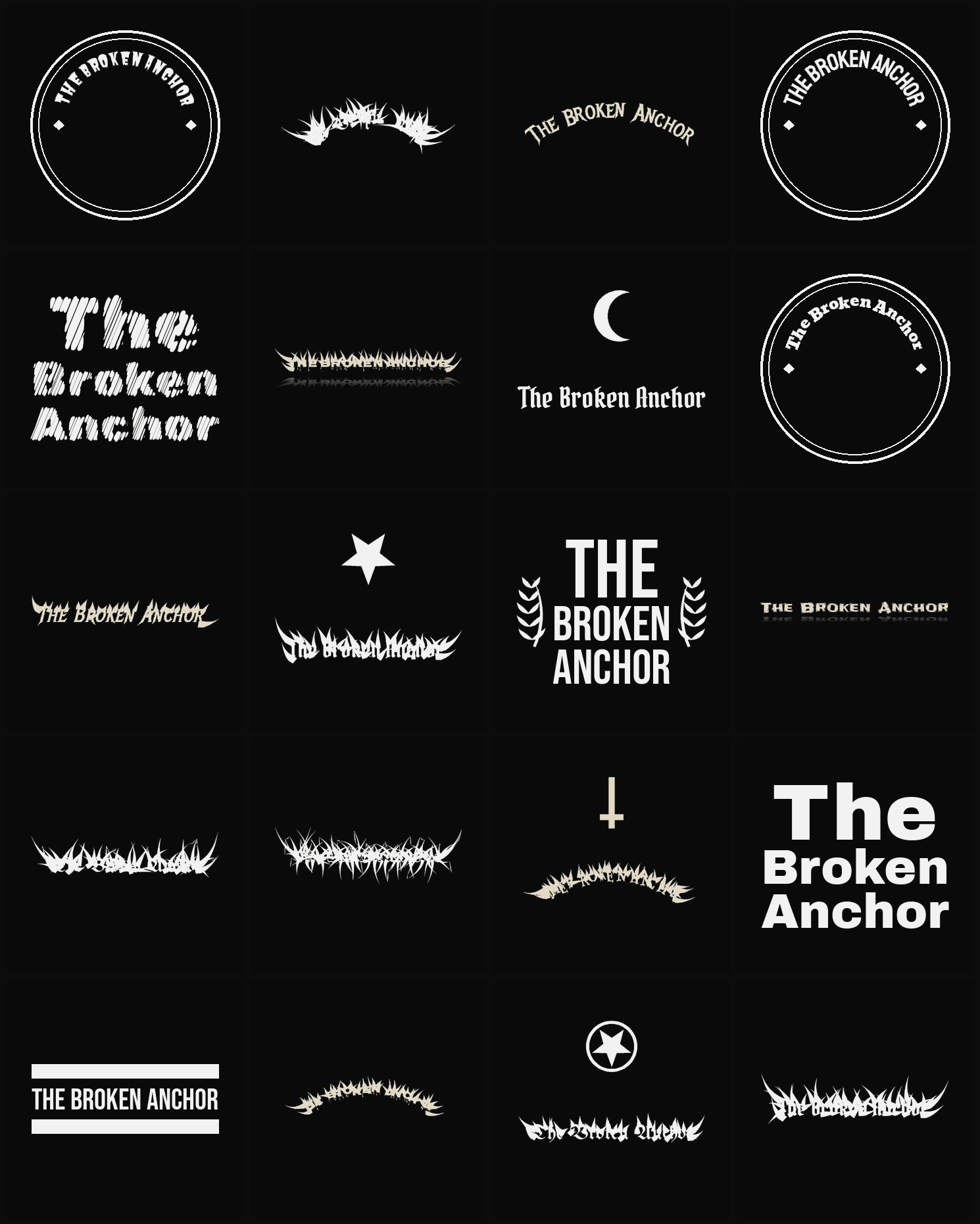 Twenty The Broken Anchor band logo ideas — different faces, treatments and spike settings