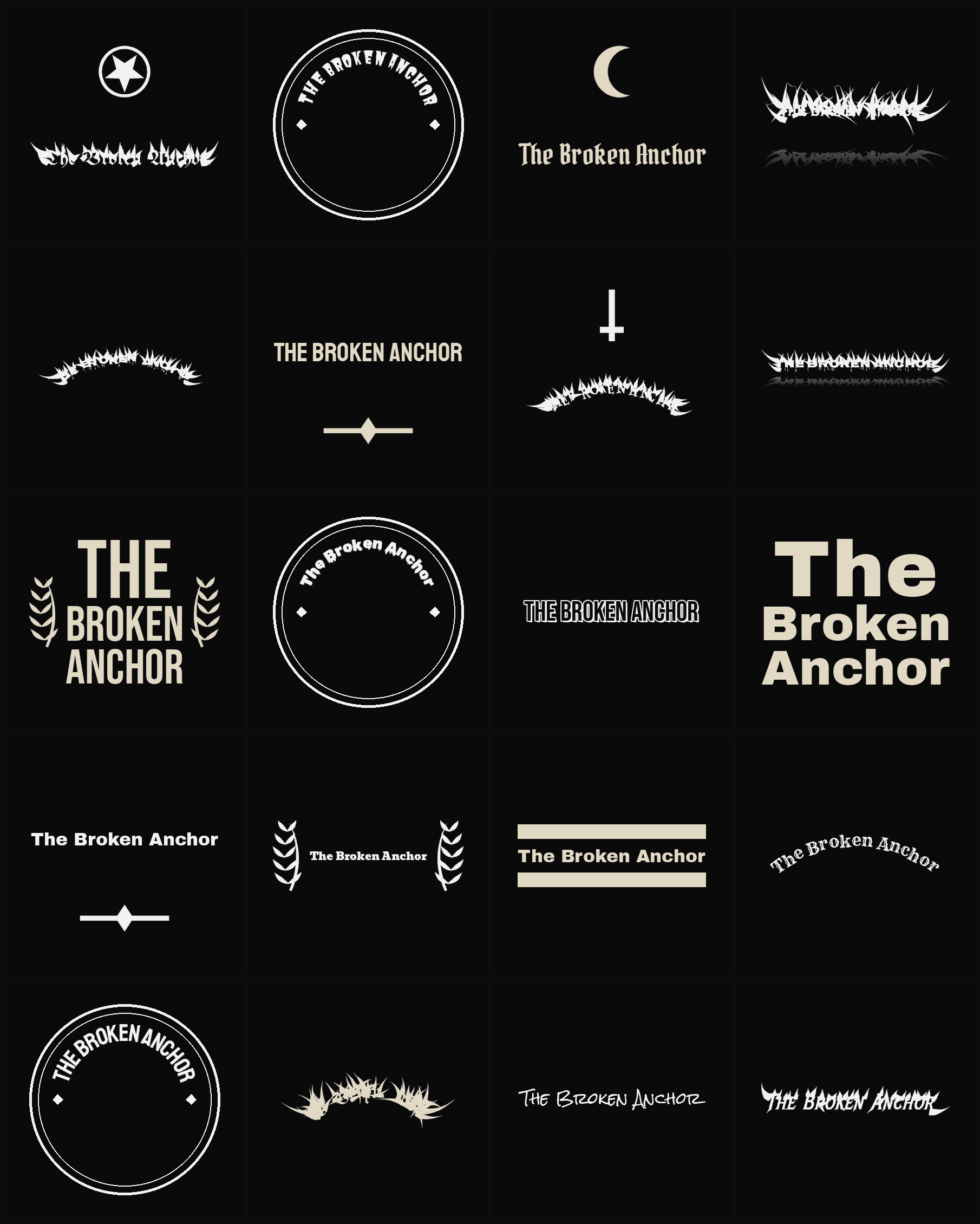 Twenty The Broken Anchor band logo ideas — different faces, treatments and spike settings