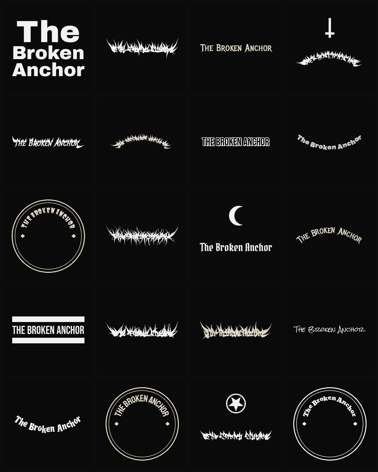 Twenty The Broken Anchor band logo ideas — different faces, treatments and spike settings