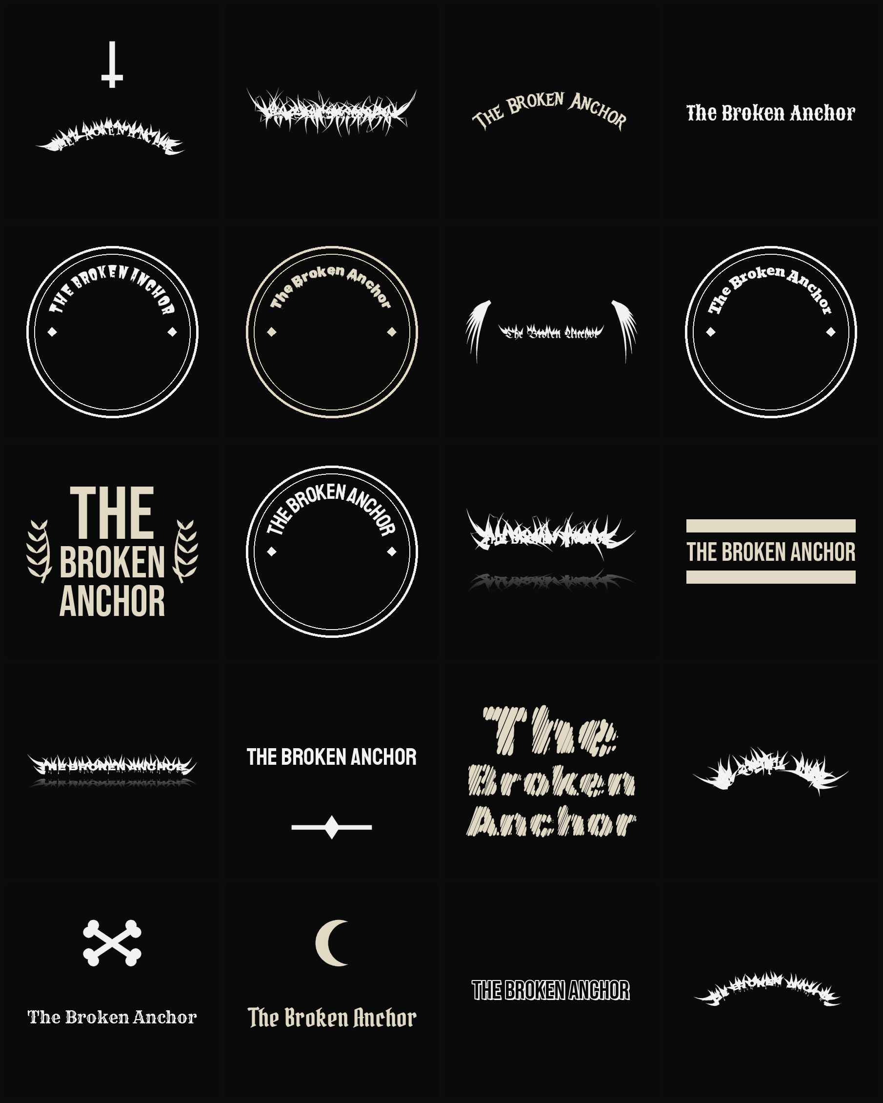 Twenty The Broken Anchor band logo ideas — different faces, treatments and spike settings