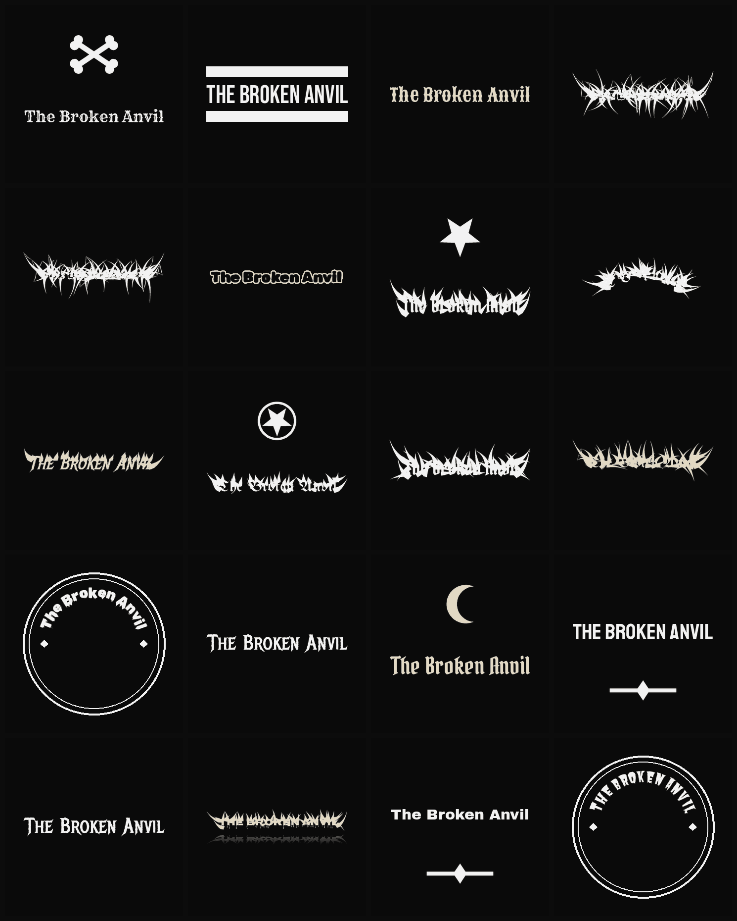 Twenty The Broken Anvil band logo ideas — different faces, treatments and spike settings