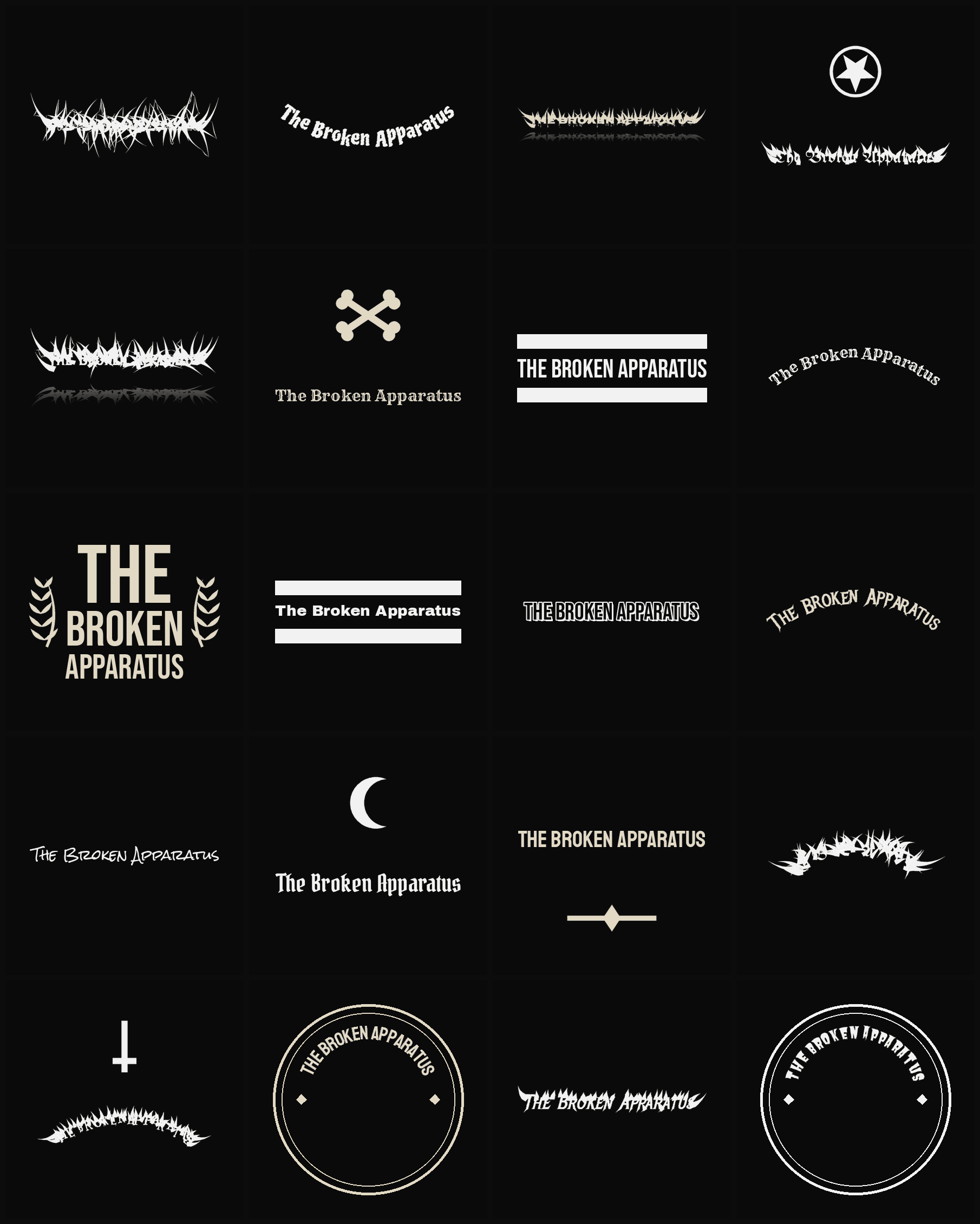 Twenty The Broken Apparatus band logo ideas — different faces, treatments and spike settings