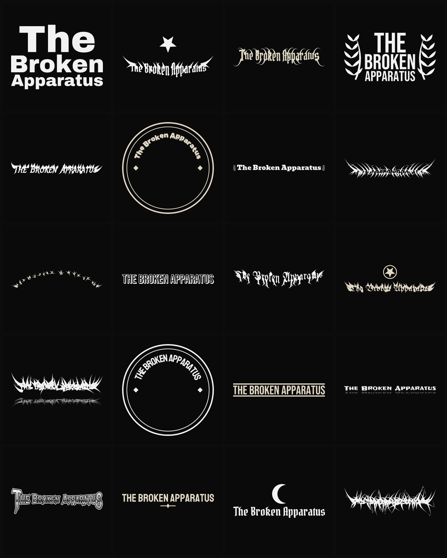Twenty The Broken Apparatus band logo ideas — different faces, treatments and spike settings