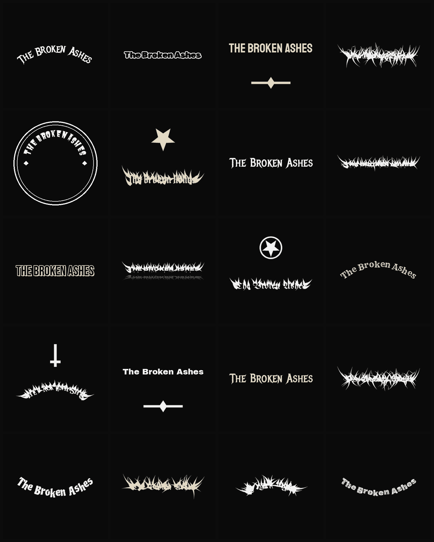 Twenty The Broken Ashes band logo ideas — different faces, treatments and spike settings