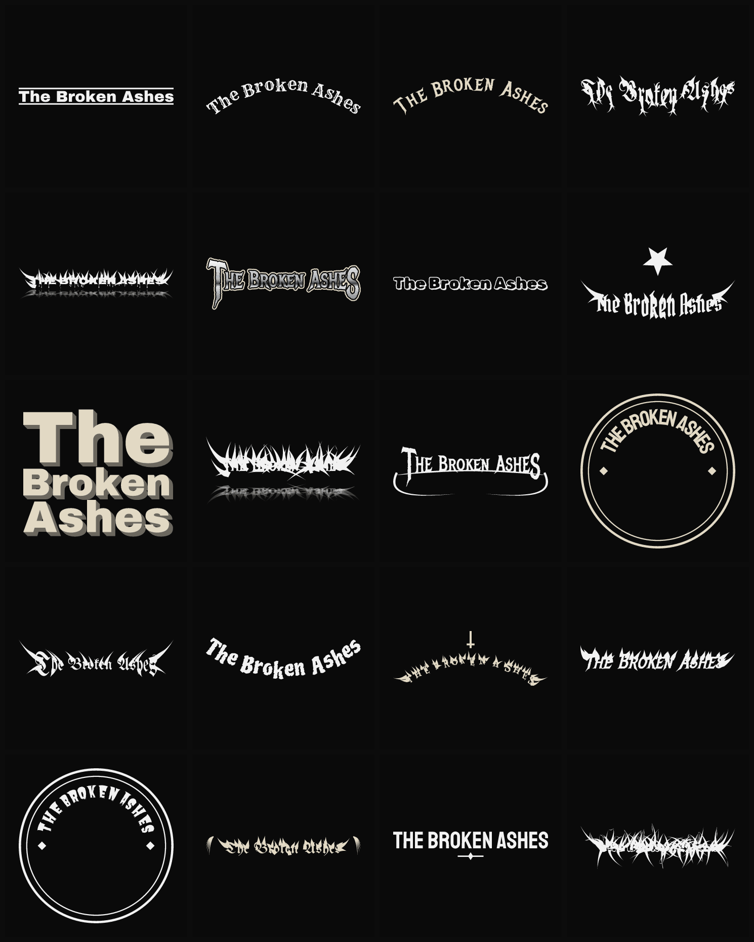 Twenty The Broken Ashes band logo ideas — different faces, treatments and spike settings
