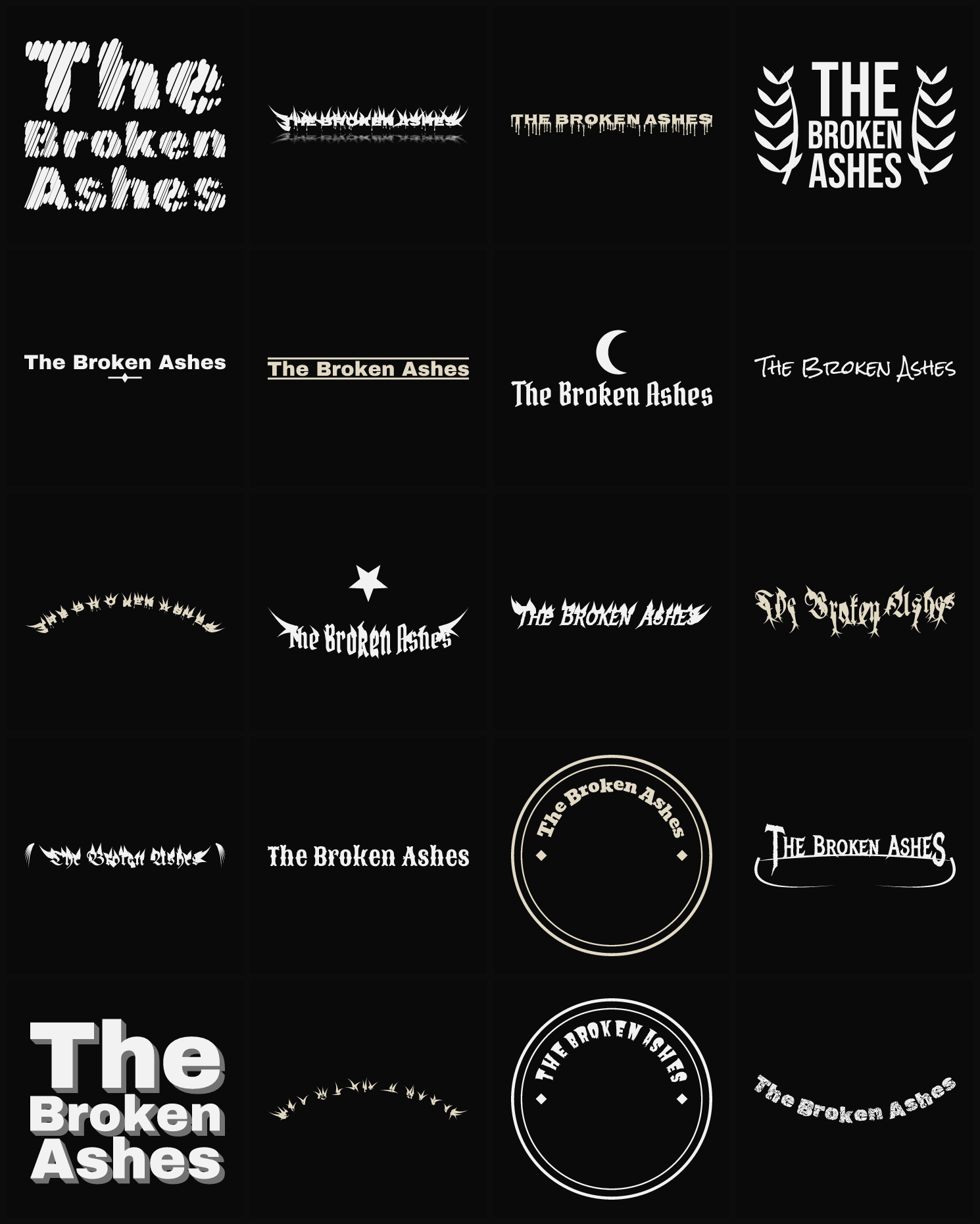 Twenty The Broken Ashes band logo ideas — different faces, treatments and spike settings