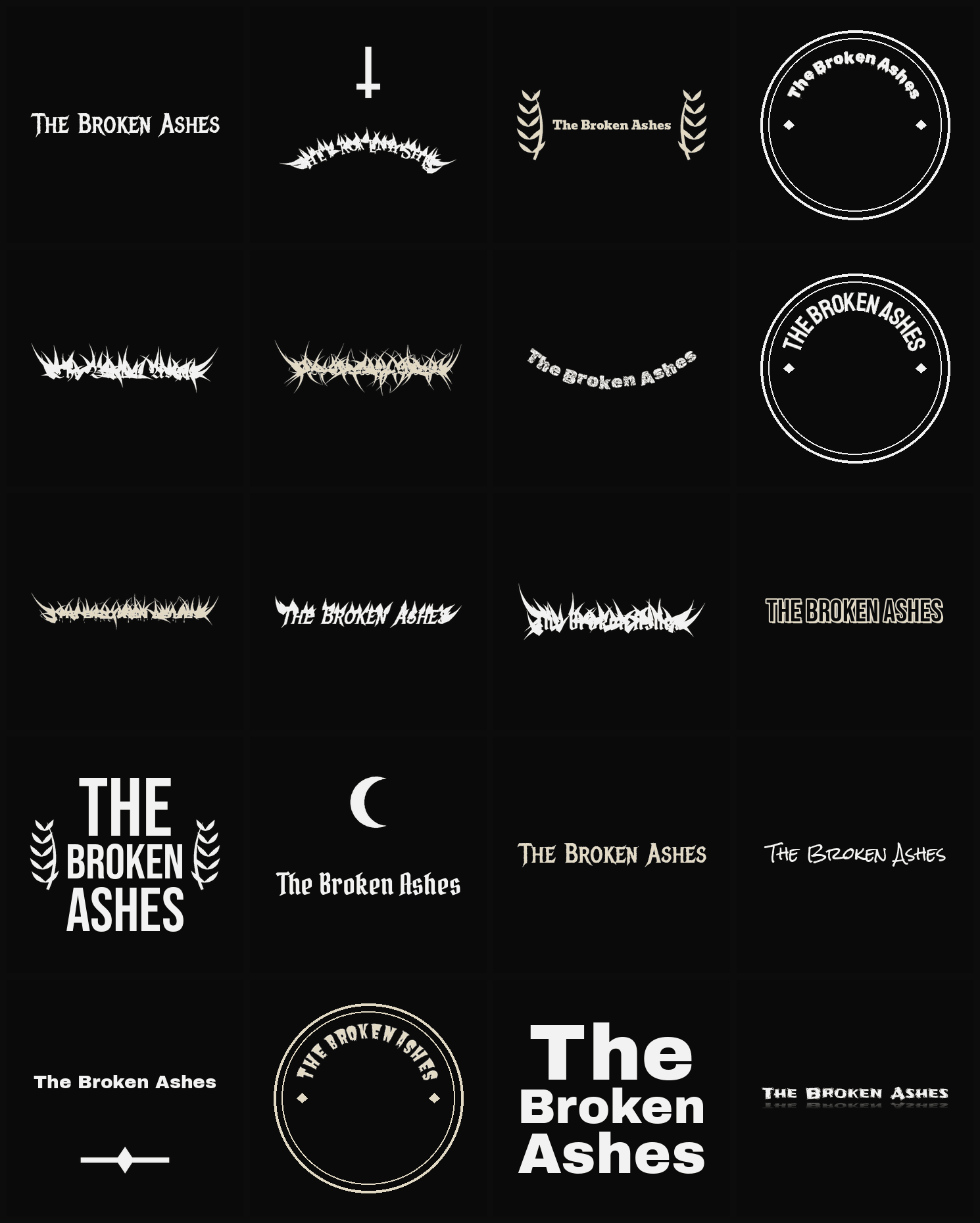 Twenty The Broken Ashes band logo ideas — different faces, treatments and spike settings
