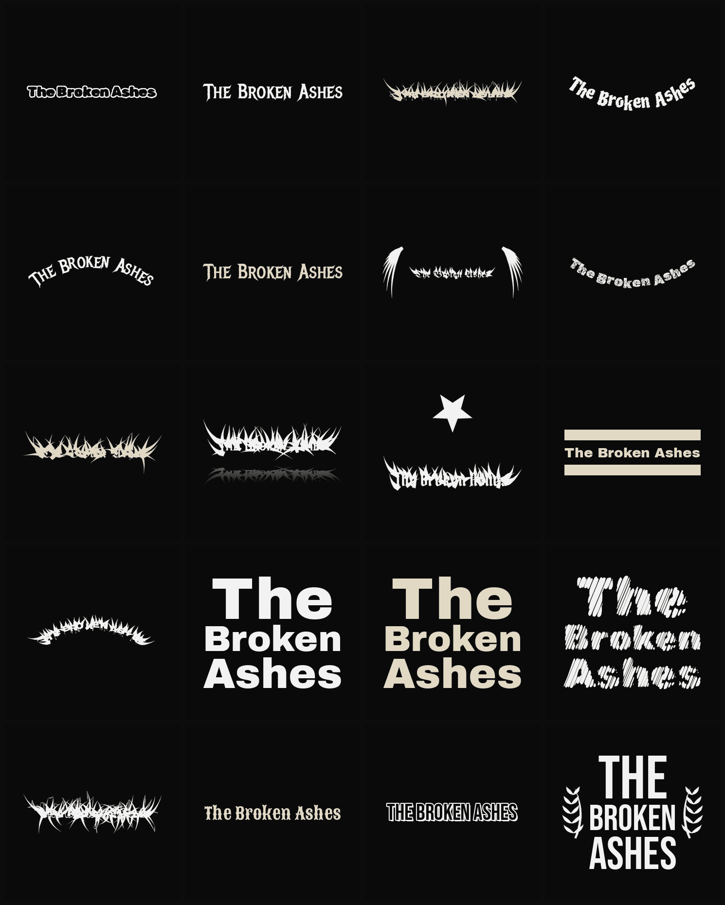 Twenty The Broken Ashes band logo ideas — different faces, treatments and spike settings