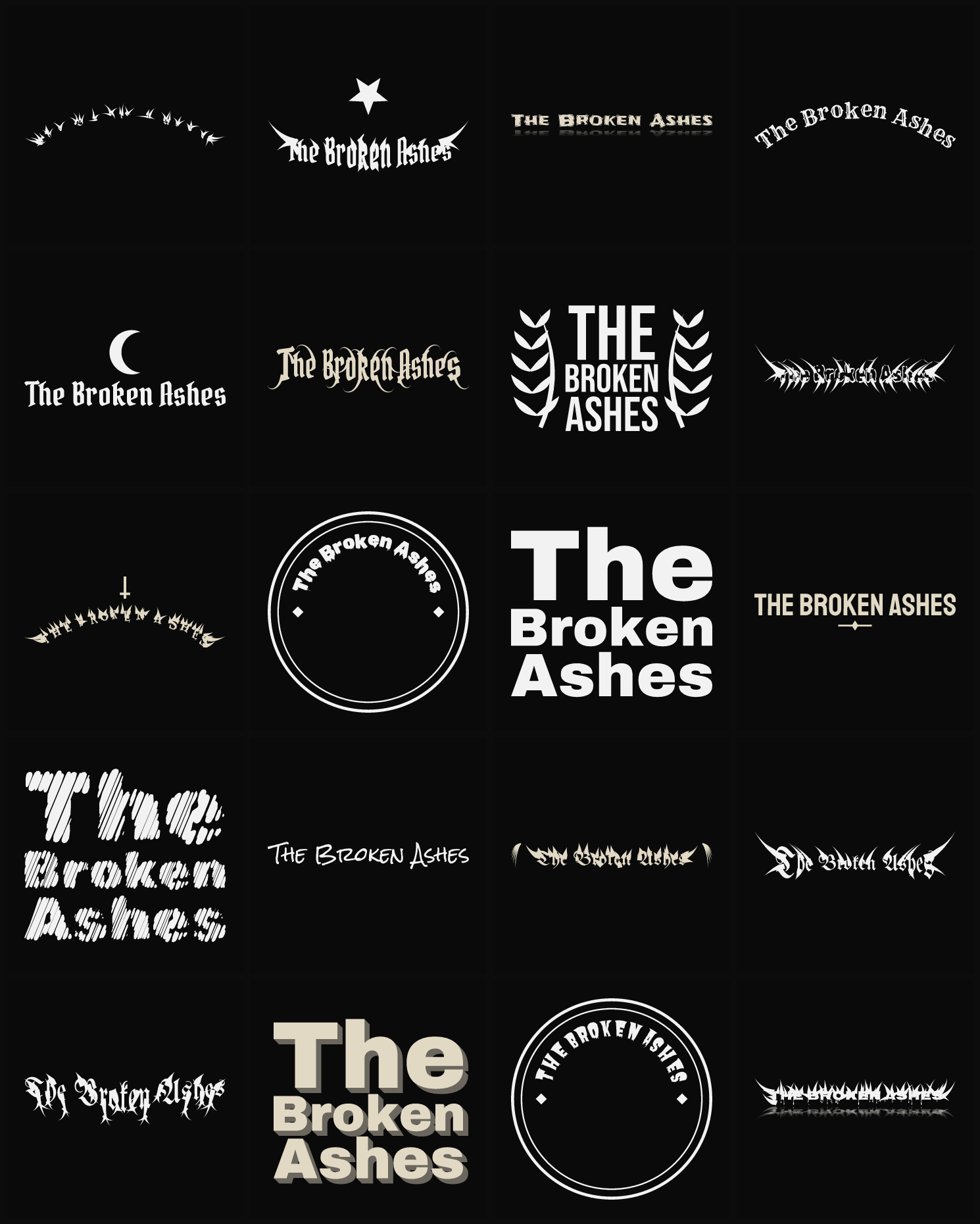 Twenty The Broken Ashes band logo ideas — different faces, treatments and spike settings