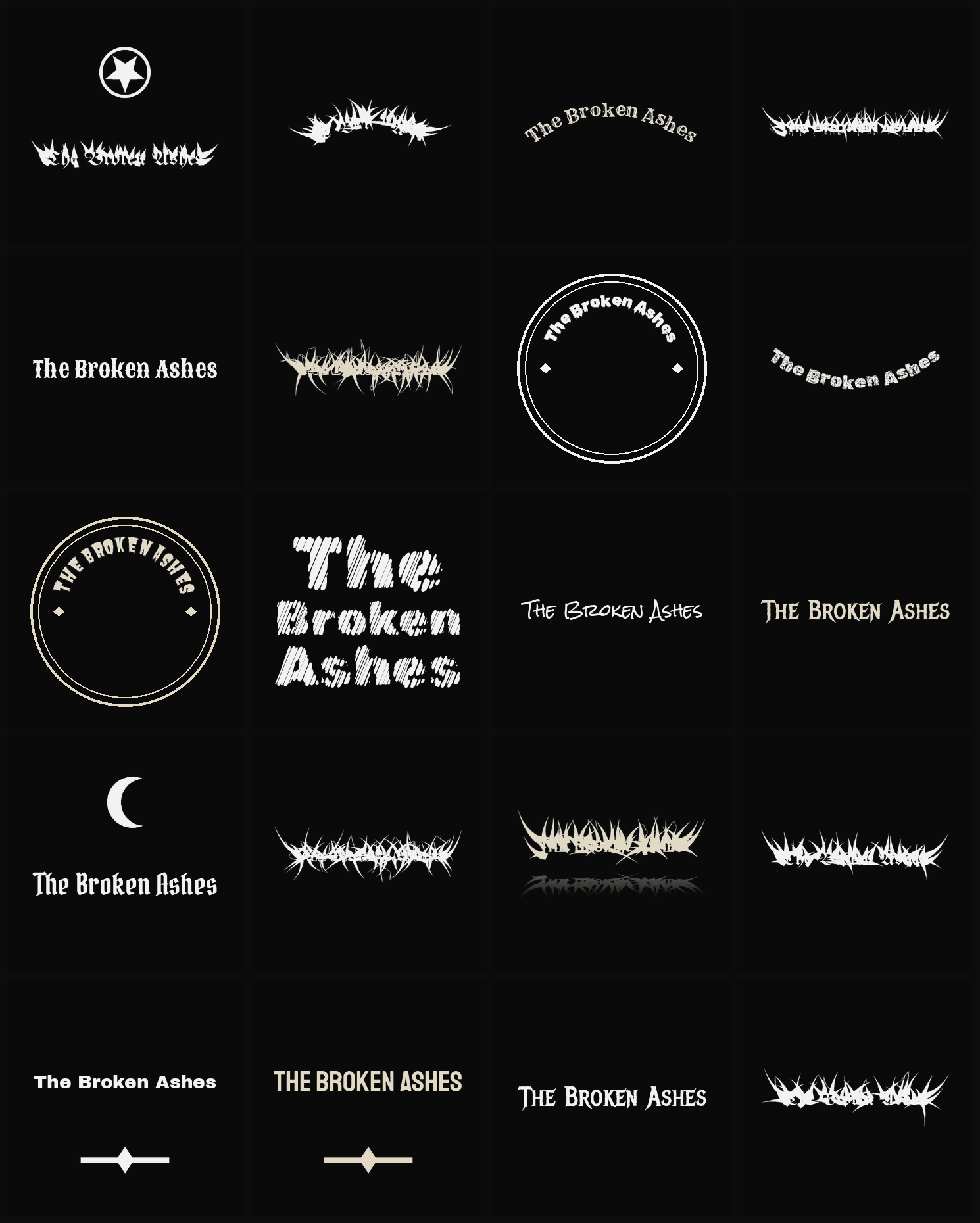Twenty The Broken Ashes band logo ideas — different faces, treatments and spike settings