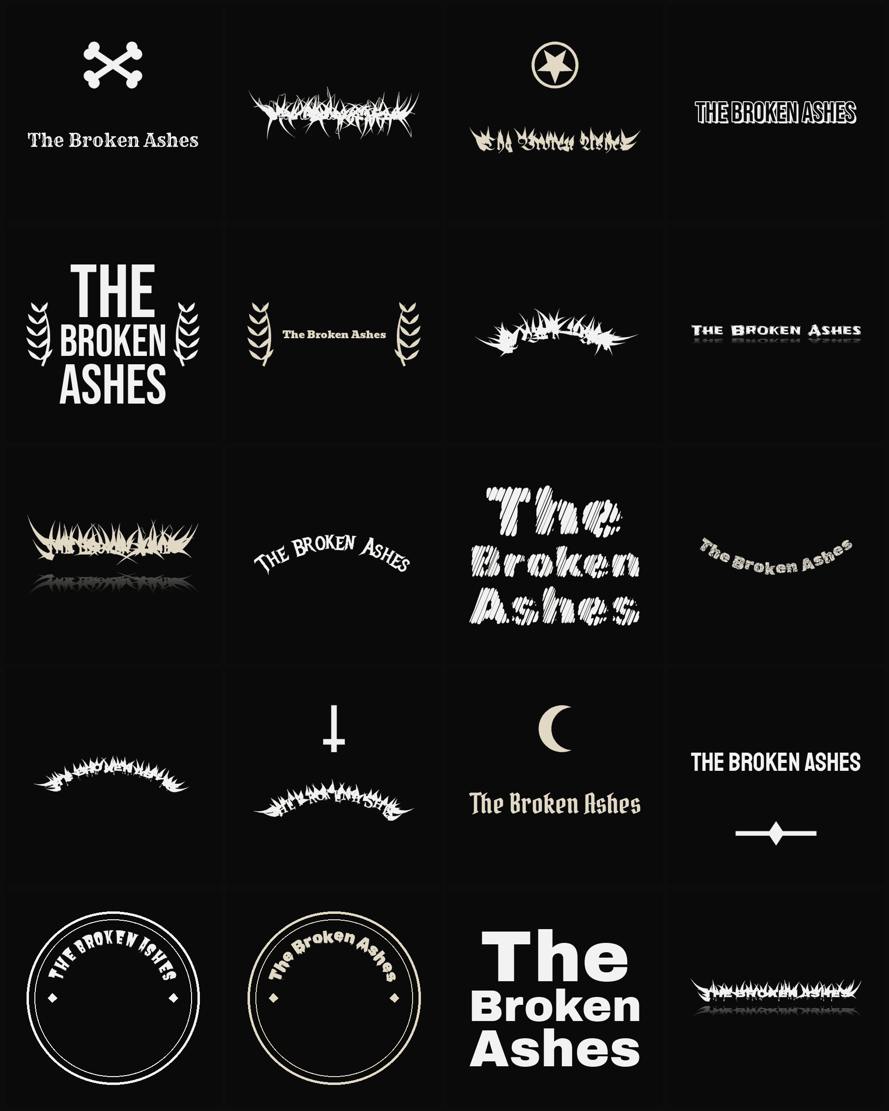 Twenty The Broken Ashes band logo ideas — different faces, treatments and spike settings