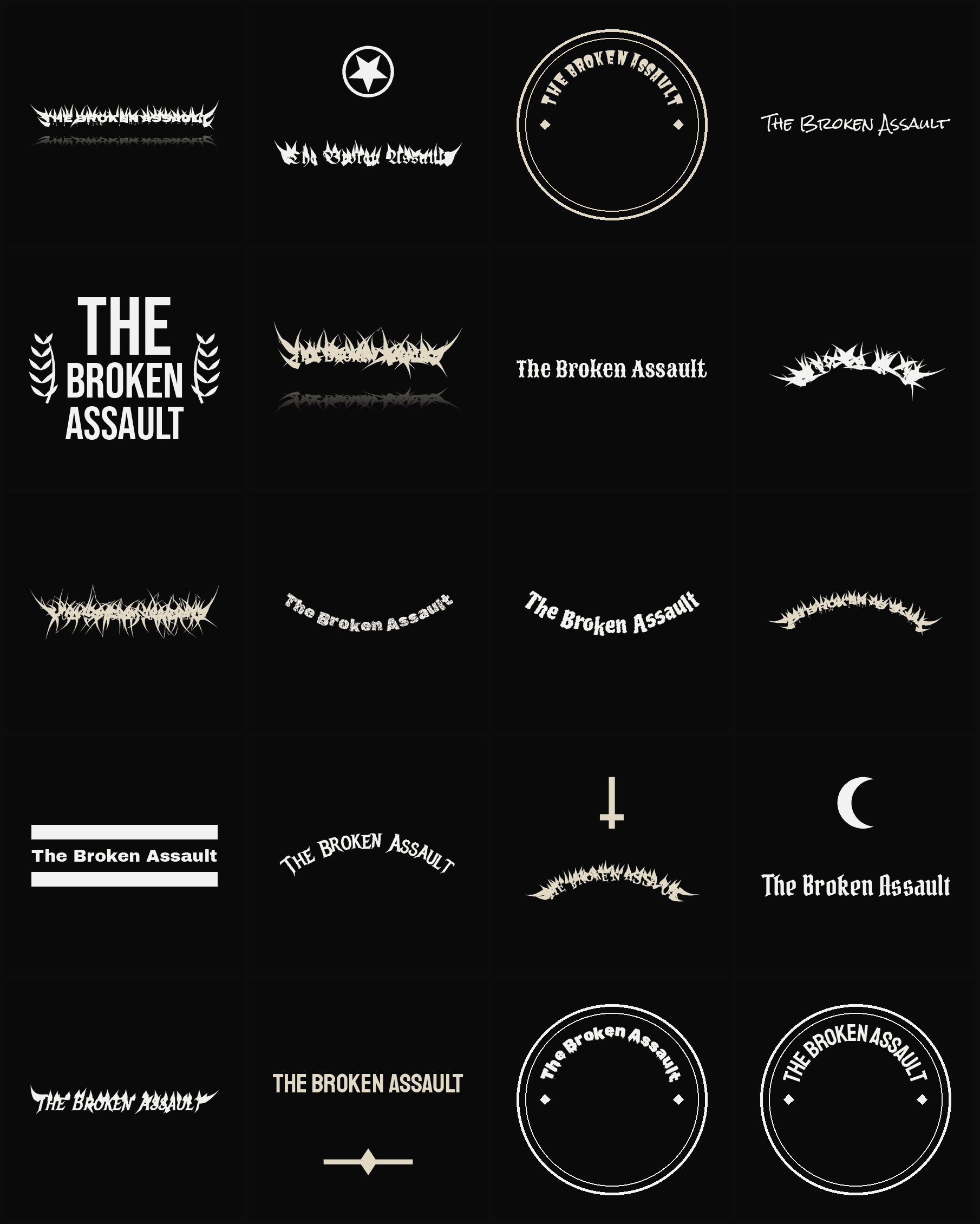 Twenty The Broken Assault band logo ideas — different faces, treatments and spike settings