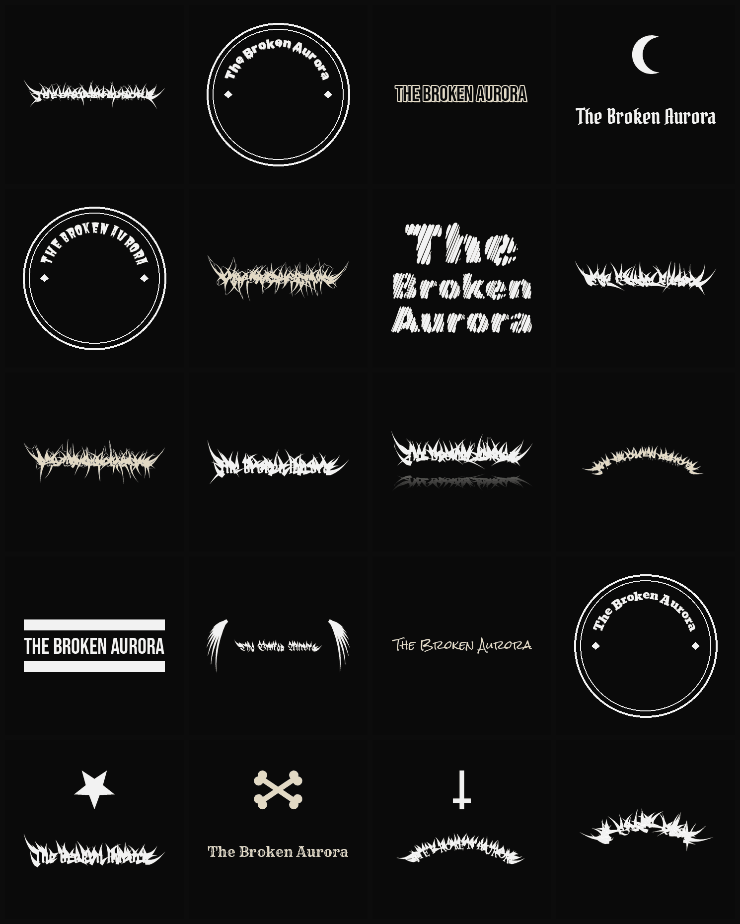 Twenty The Broken Aurora band logo ideas — different faces, treatments and spike settings