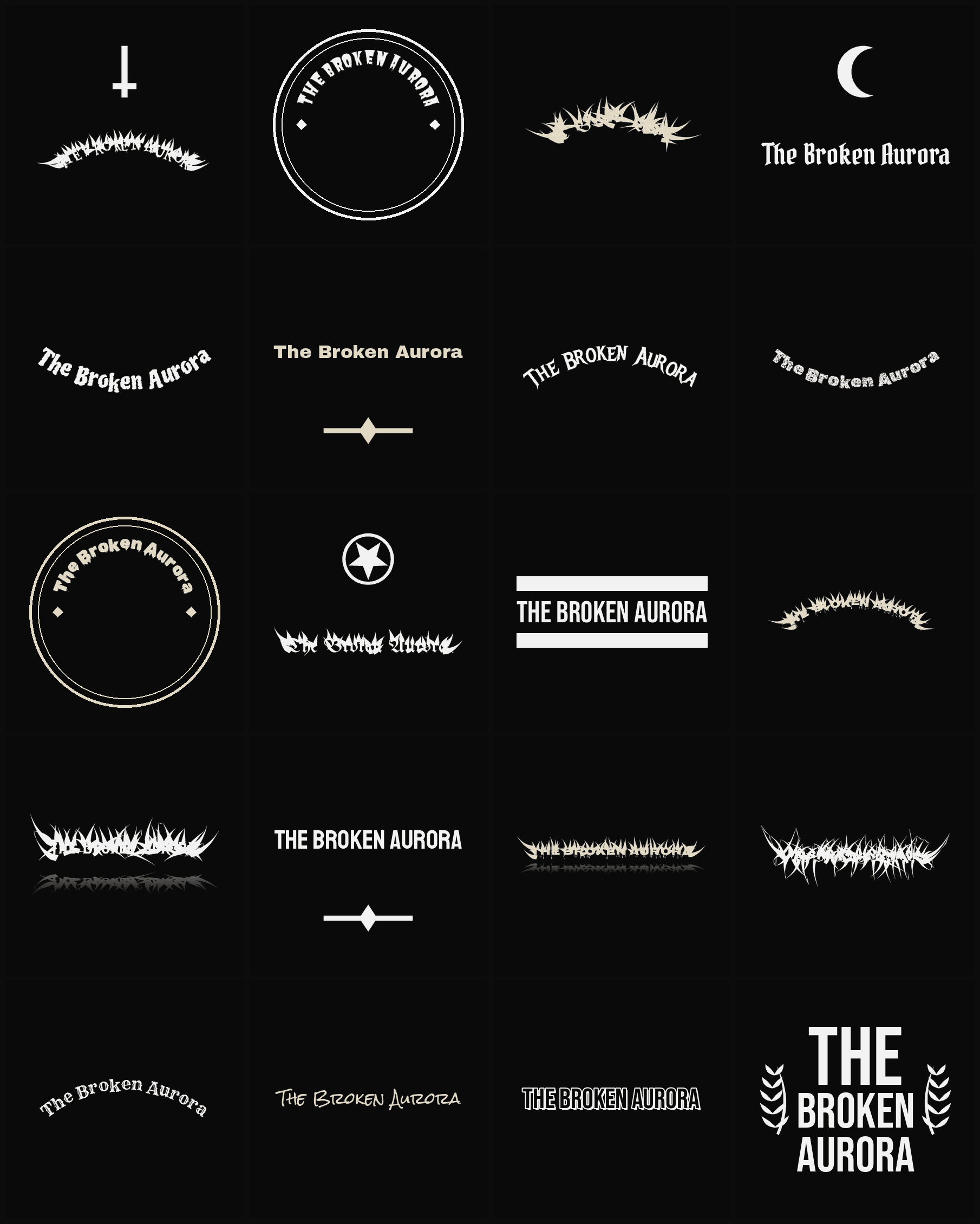 Twenty The Broken Aurora band logo ideas — different faces, treatments and spike settings