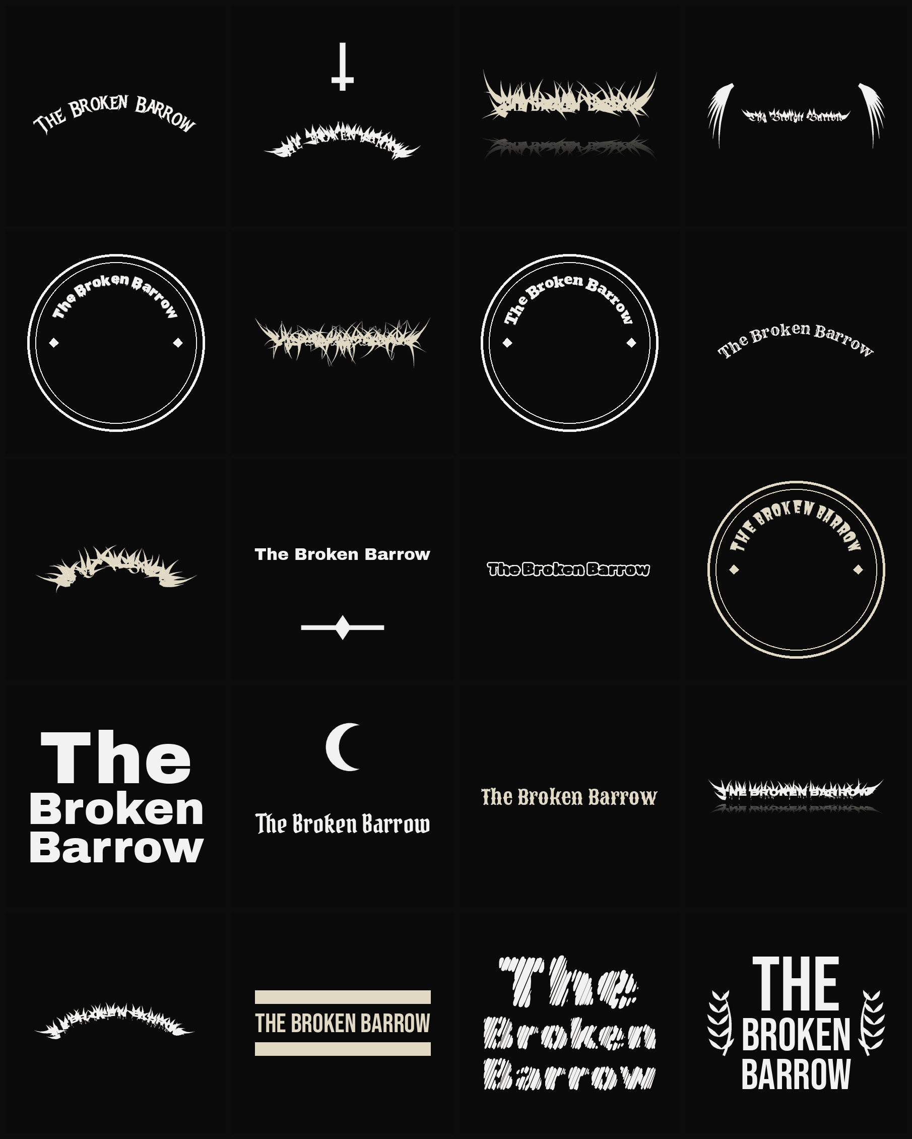 Twenty The Broken Barrow band logo ideas — different faces, treatments and spike settings